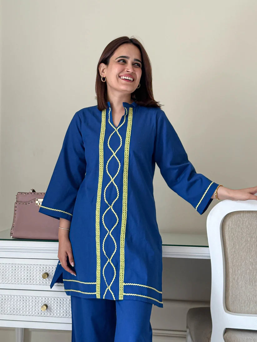 Royal Blue Cotton Kurta & Pant Co-ord Set with Contrast Embroidery