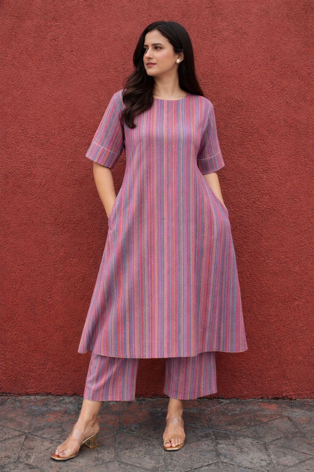 Multicolor Vertical Stripe Coord Set for Women