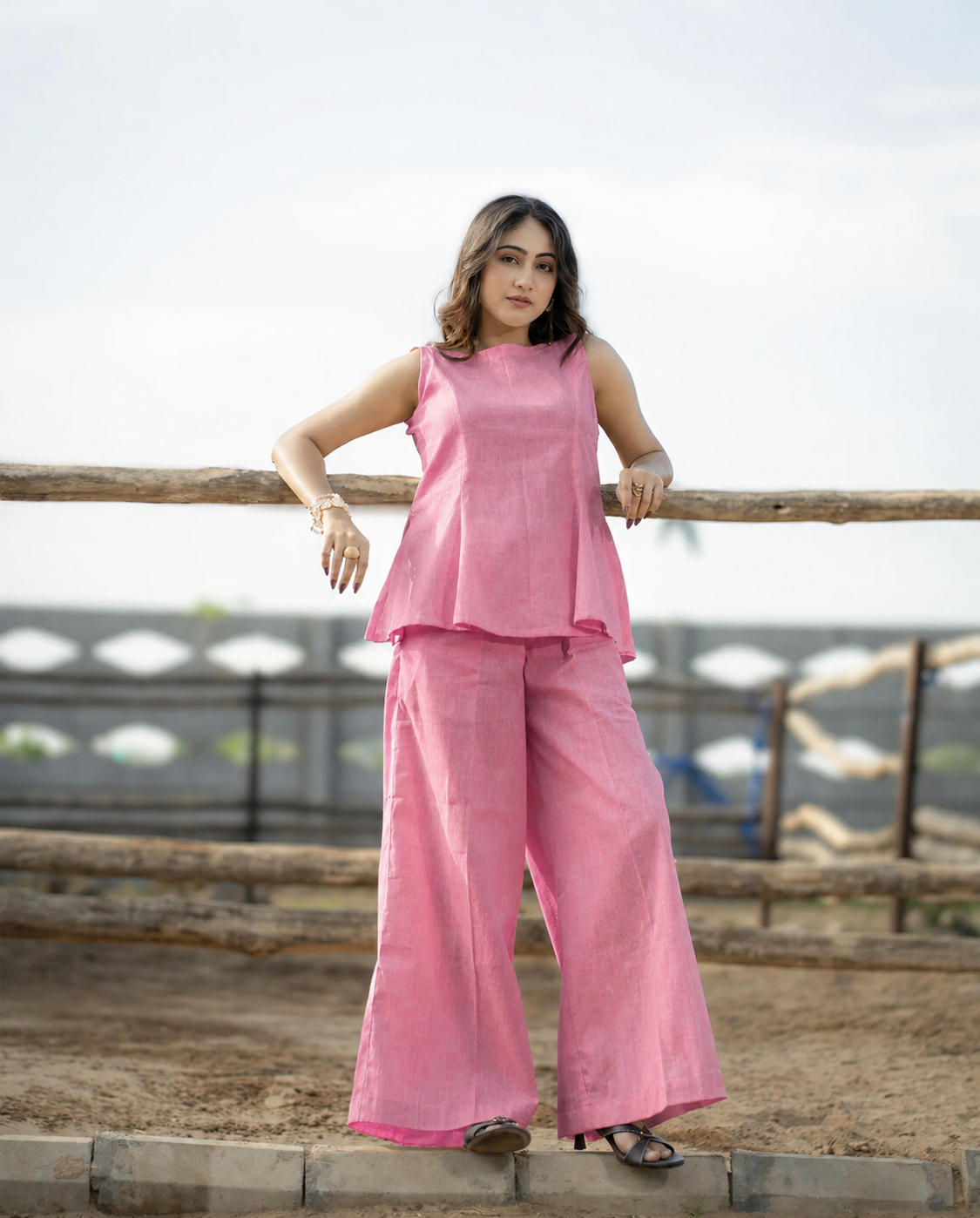 Elegant Pink Linen Co-ord Set for Women | Sleeveless Top with Wide-Leg Pants