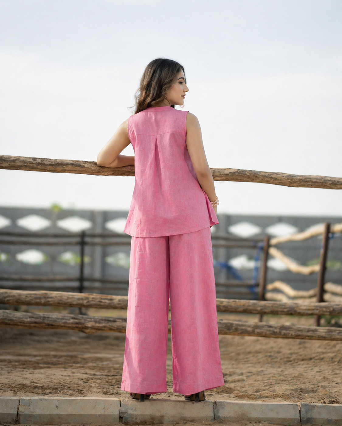 Elegant Pink Linen Co-ord Set for Women | Sleeveless Top with Wide-Leg Pants