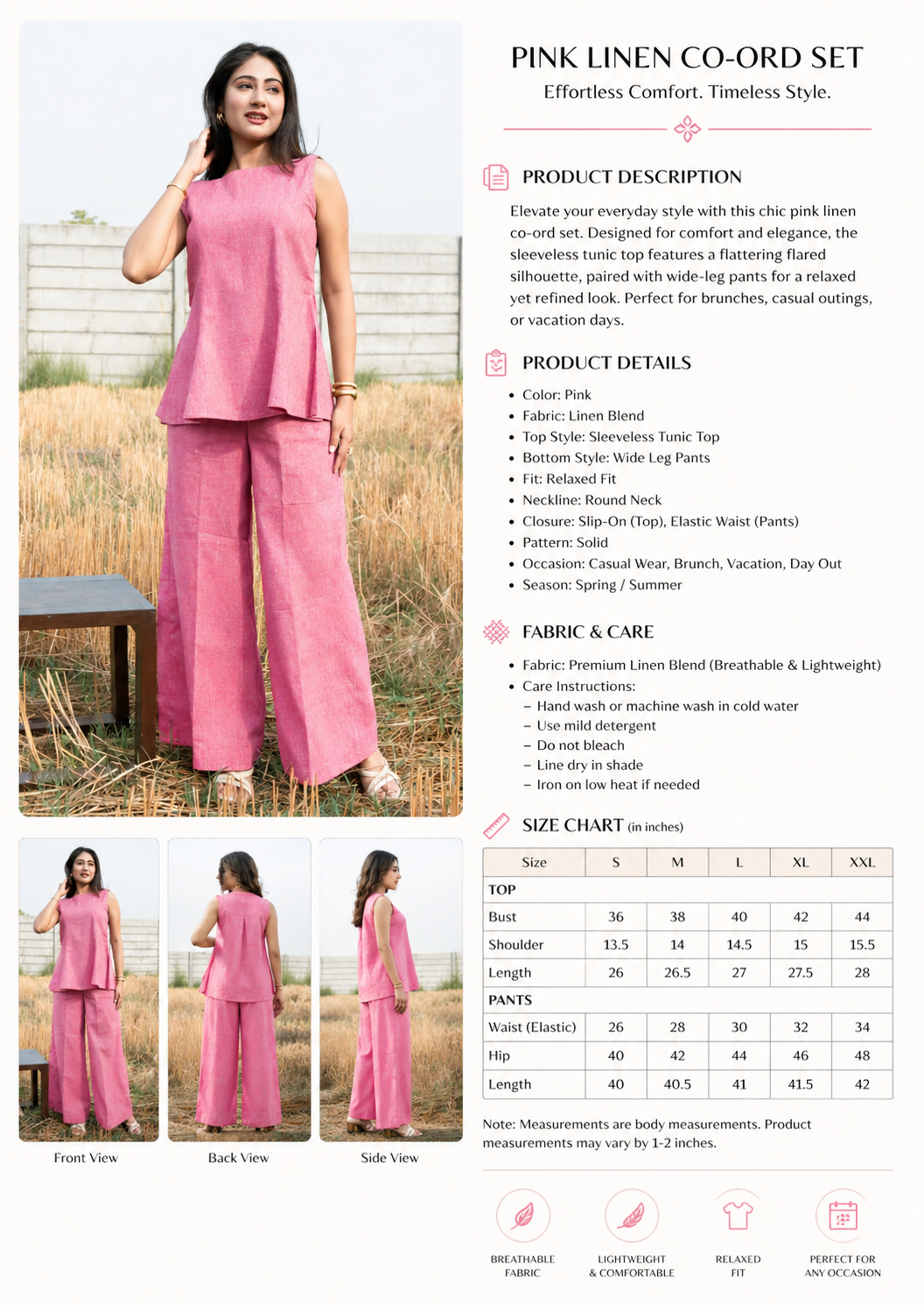 Elegant Pink Linen Co-ord Set for Women | Sleeveless Top with Wide-Leg Pants