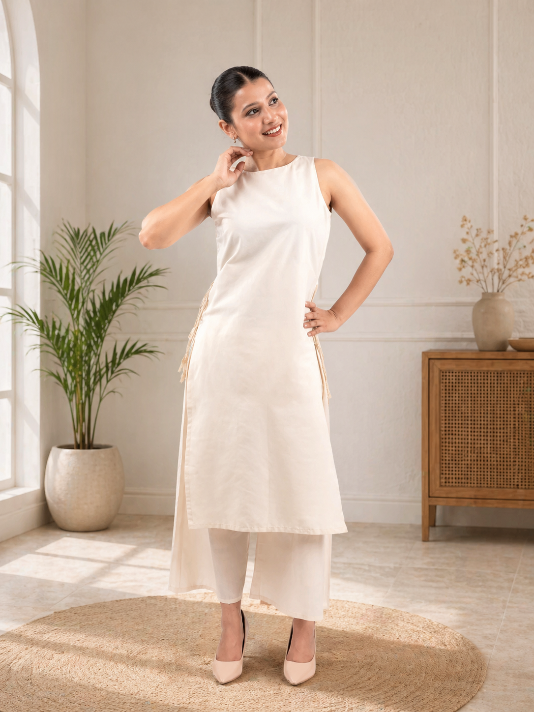Blush Pink | Ivory Sleeveless Asymmetric Kurta Set with Tassel Tie-Up