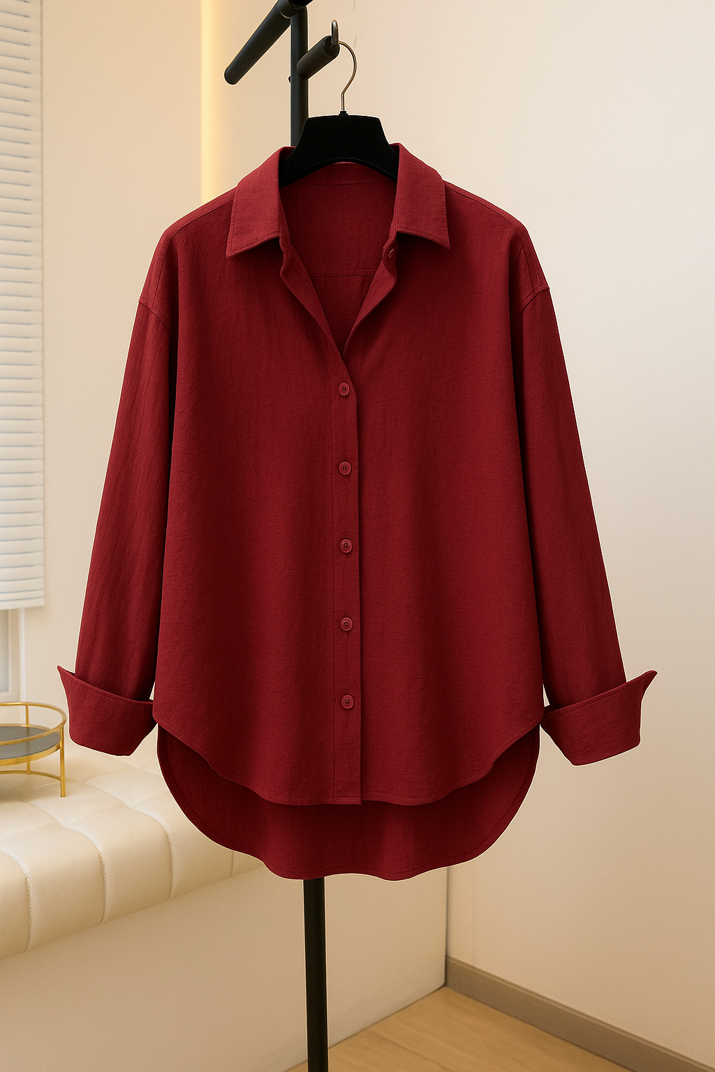 Wrinkle-Textured Shirt Maroon Burgundy