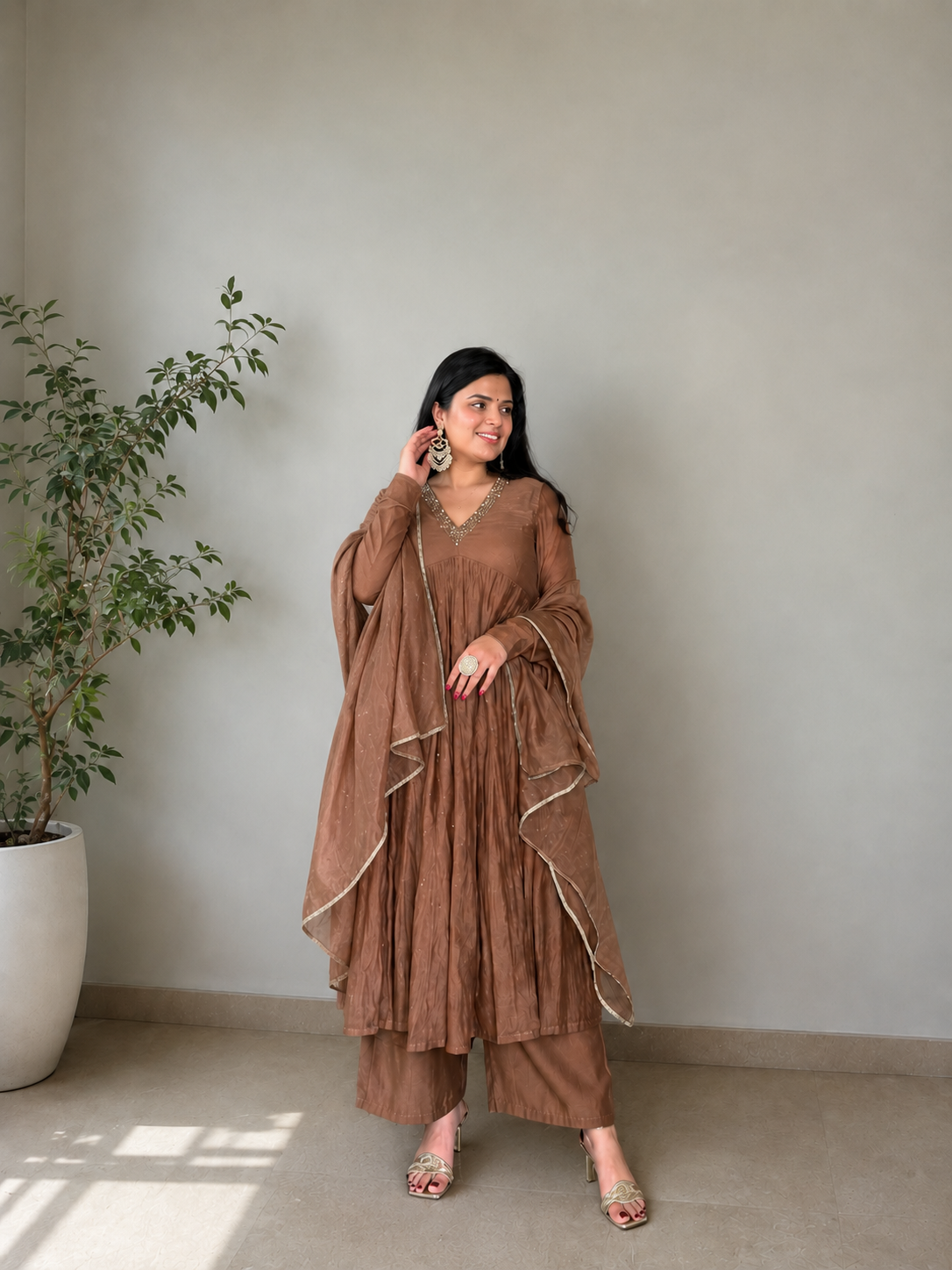 Golden/Muted-Brown Mul Chanderi anarkali with churi sleeves Set of 3