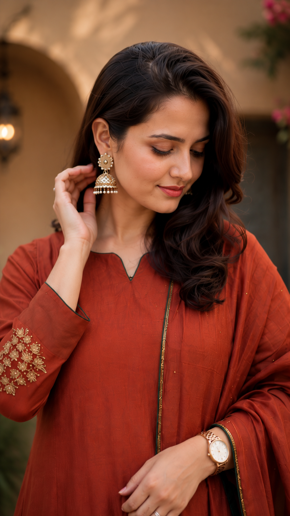 Women's Rust Orange Embroidered Kurta Palazzo Set with Dupatta