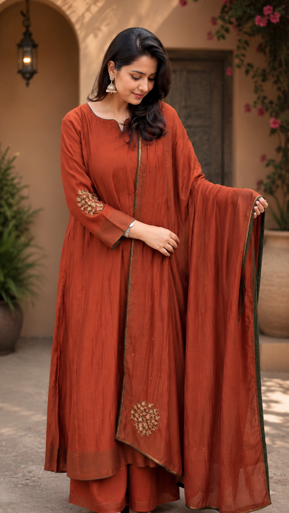 Women's Rust Orange Embroidered Kurta Palazzo Set with Dupatta