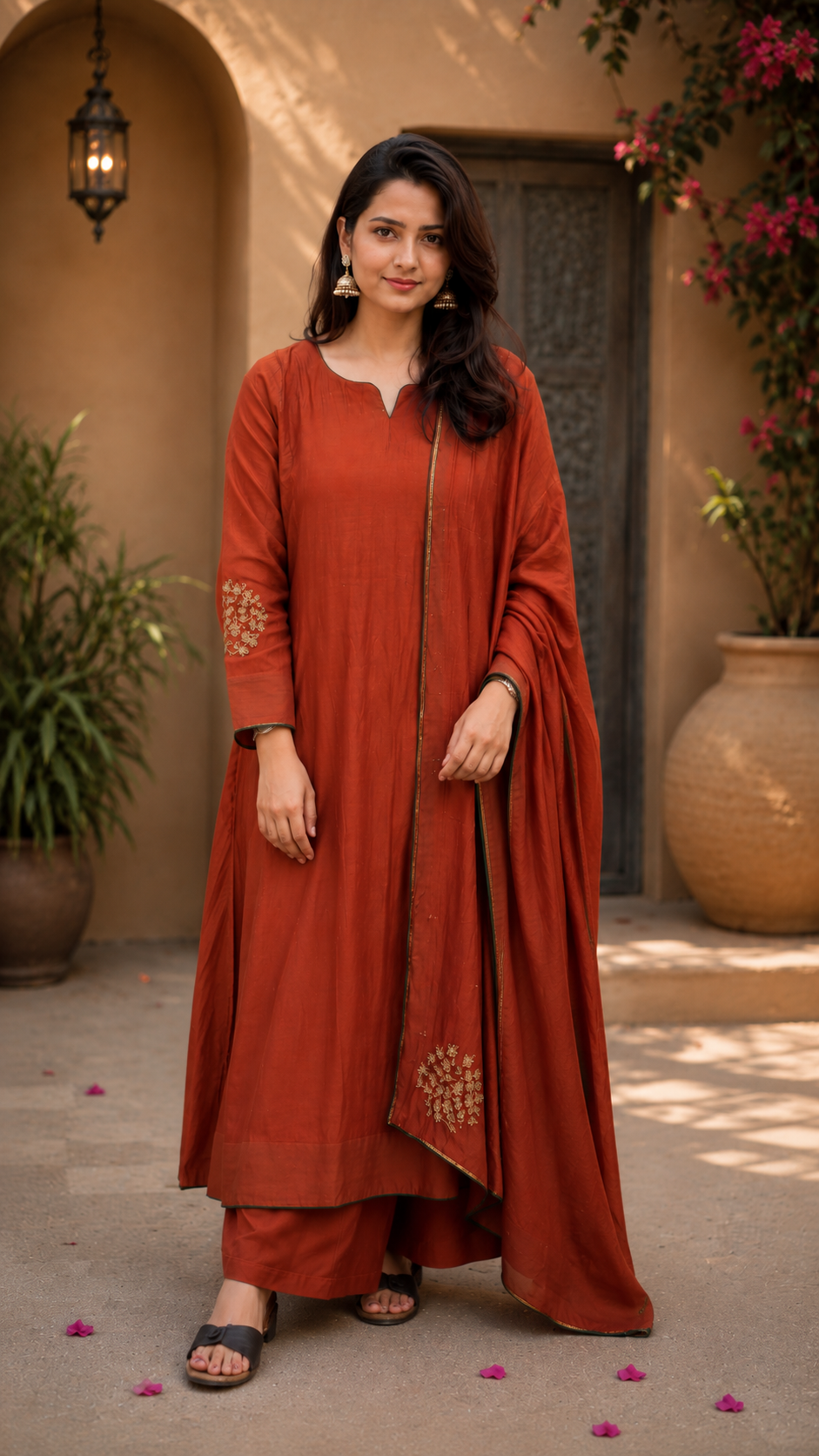 Women's Rust Orange Embroidered Kurta Palazzo Set with Dupatta