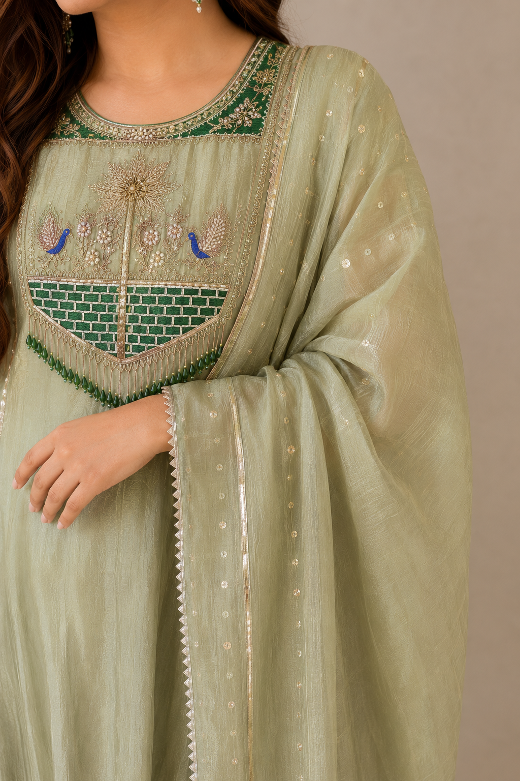 Pastel Sage Green Embroidered Anarkali Kurta Set with Organza Dupatta