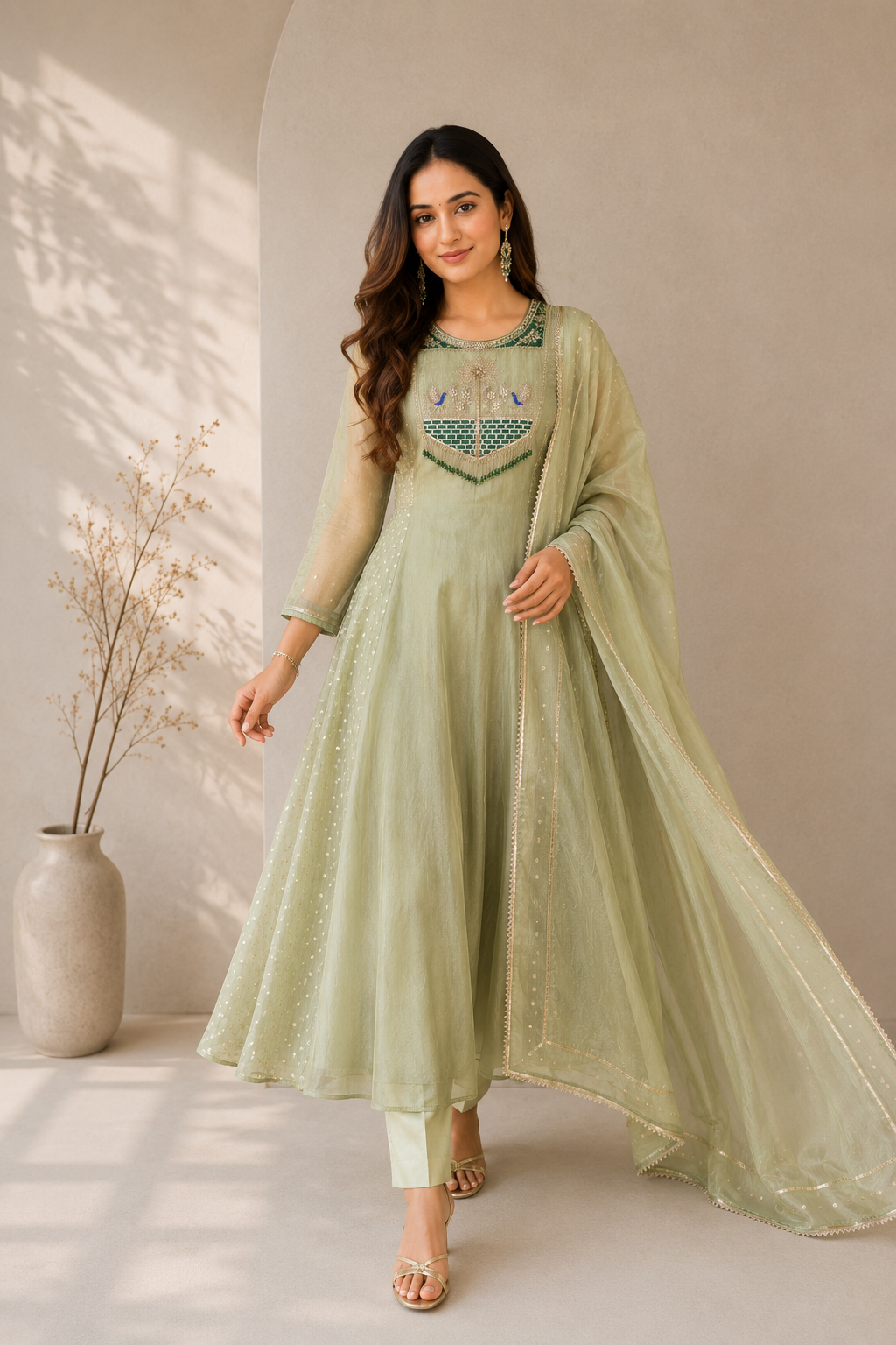 Pastel Sage Green Embroidered Anarkali Kurta Set with Organza Dupatta