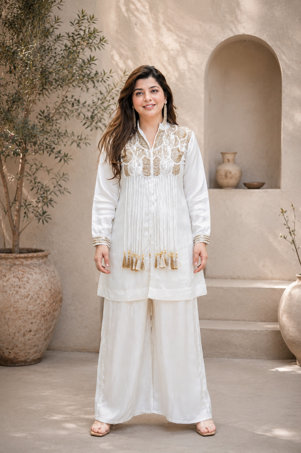 White Embroidered Tassel Co-Ord Set for Women
