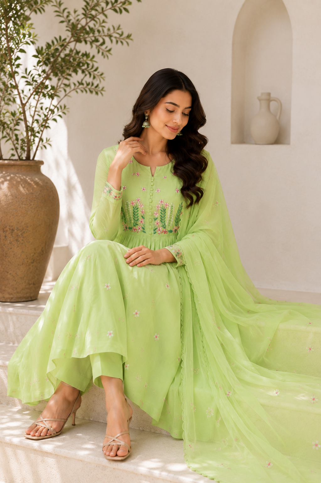 Pastel Green Cotton Anarkali Suit Set with Floral Embroidery Dupatta