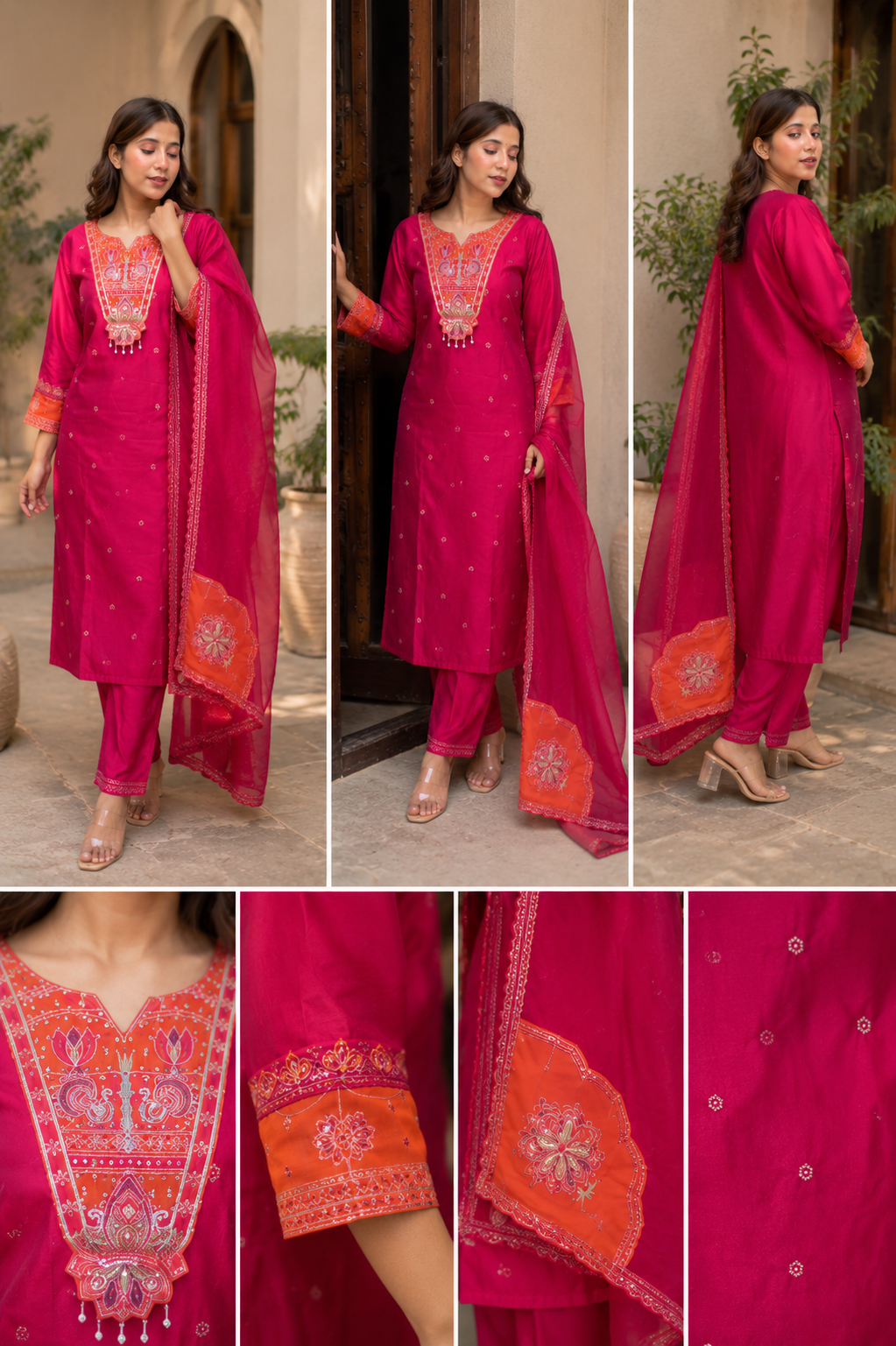 Women's Magenta Embroidered Kurta Pant Dupatta Set
