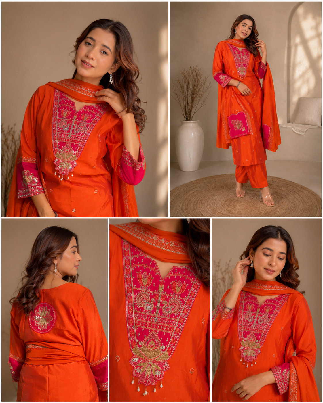 Women's Orange Embroidered Kurta Pant Dupatta Set