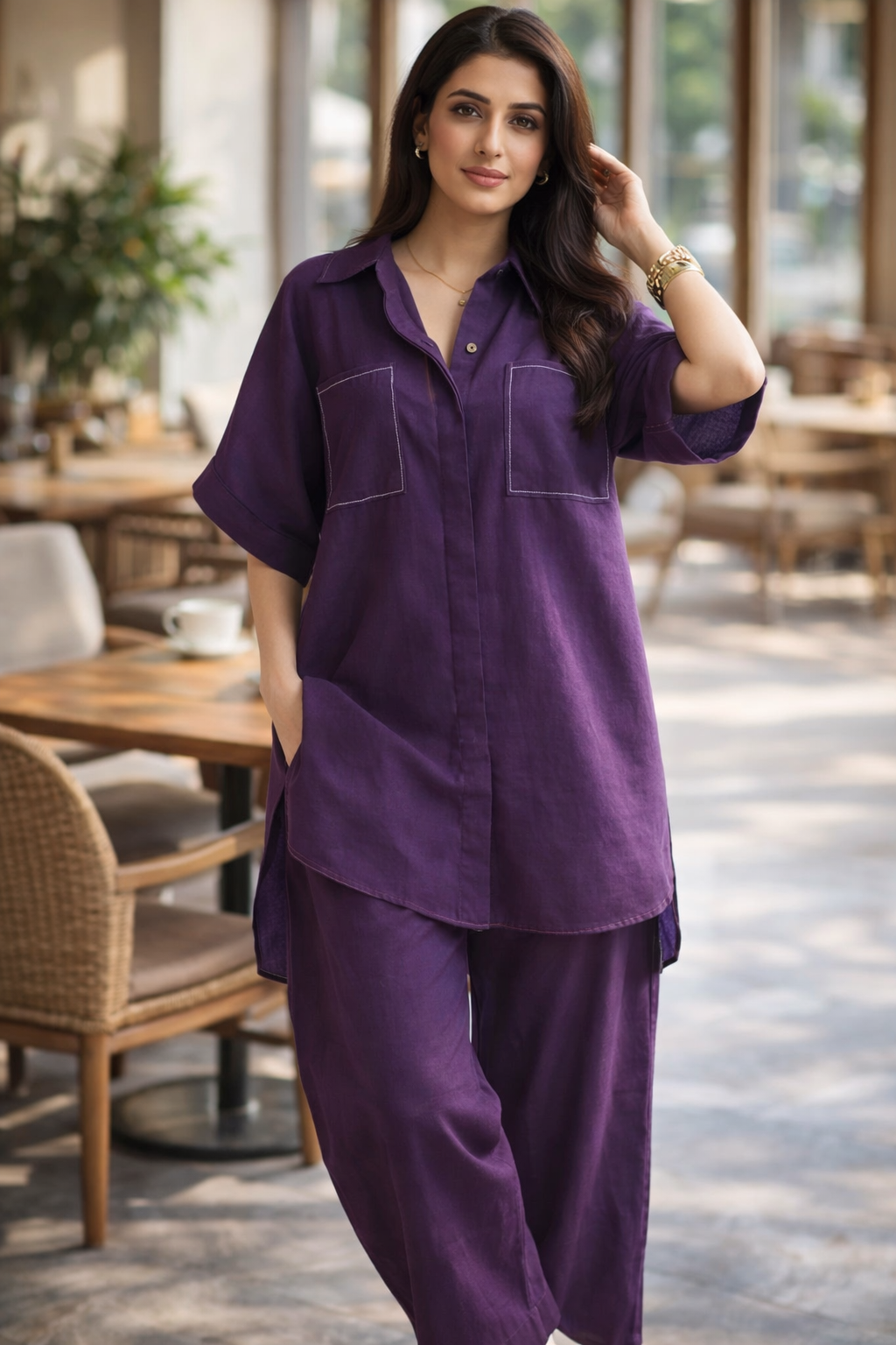 Purple Raga Contrast Thread Shirt Style Cotton Flex Coord