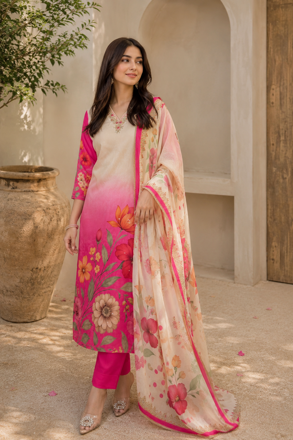 Pink Ombre Floral Print Ethnic Kurta Pant Dupatta Set