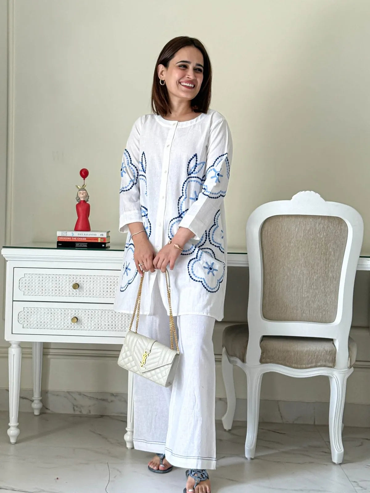 White Cotton Embroidered Co-ord Set