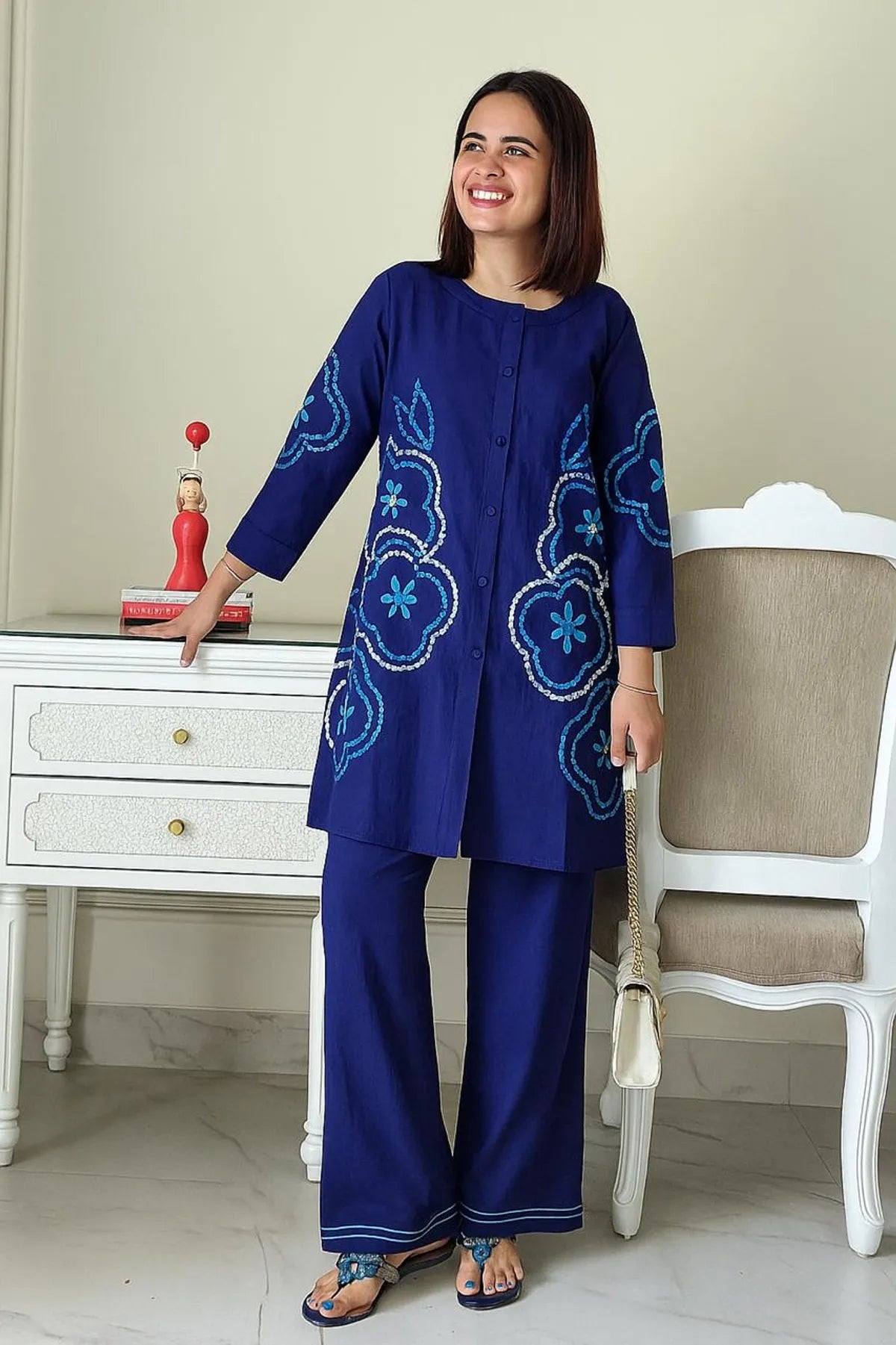 Navy Blue Cotton Embroidered Co-ord Set