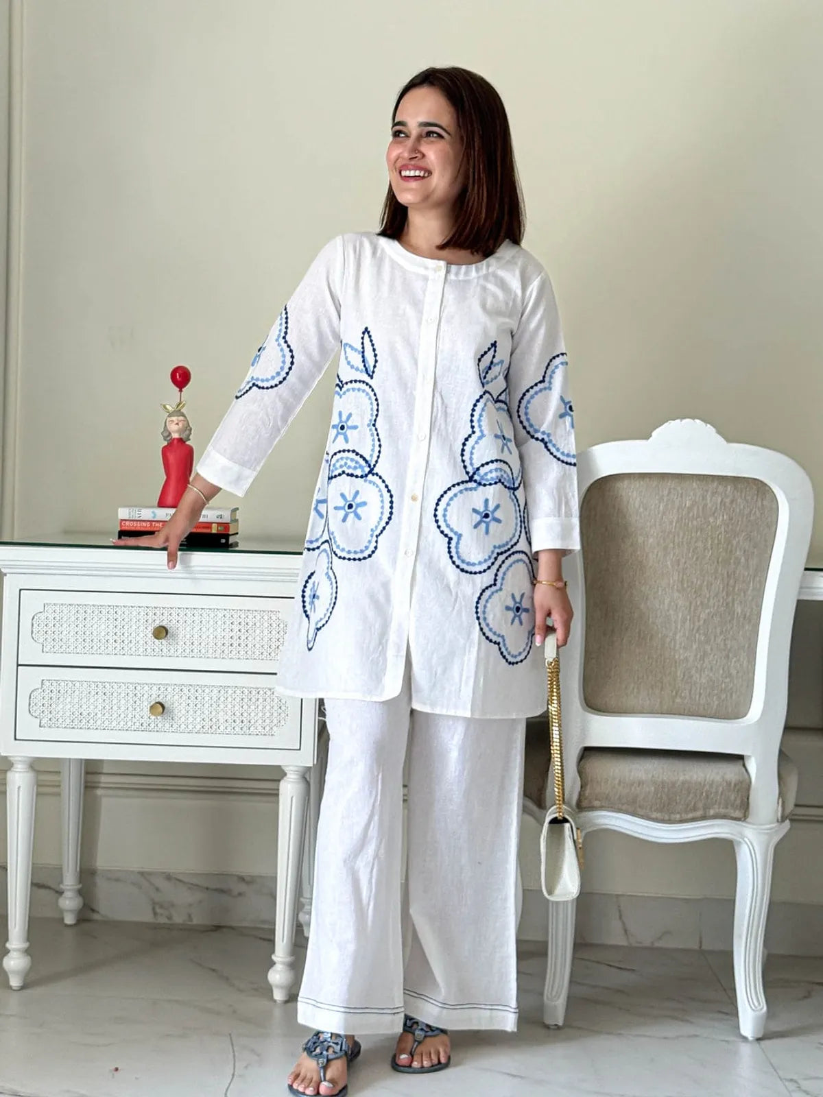 White Cotton Embroidered Co-ord Set
