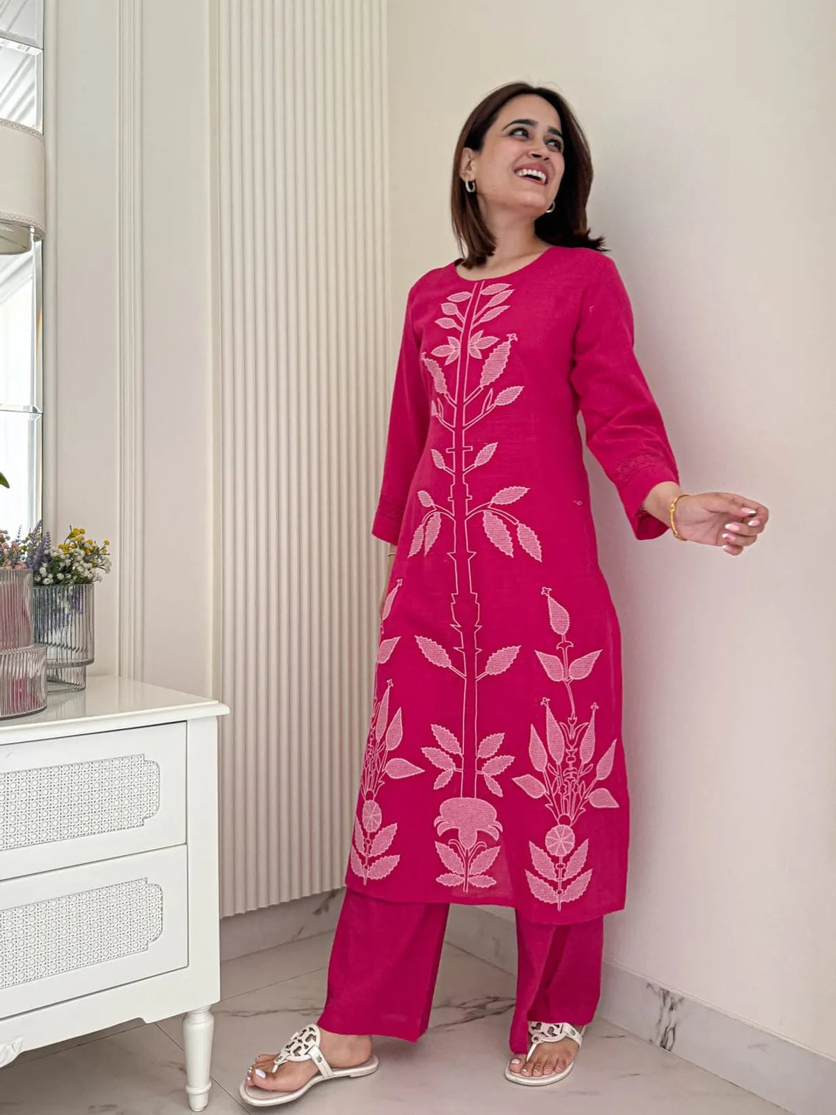 Fuchsia Pink Cotton Embroidered Kurta & Pant Set