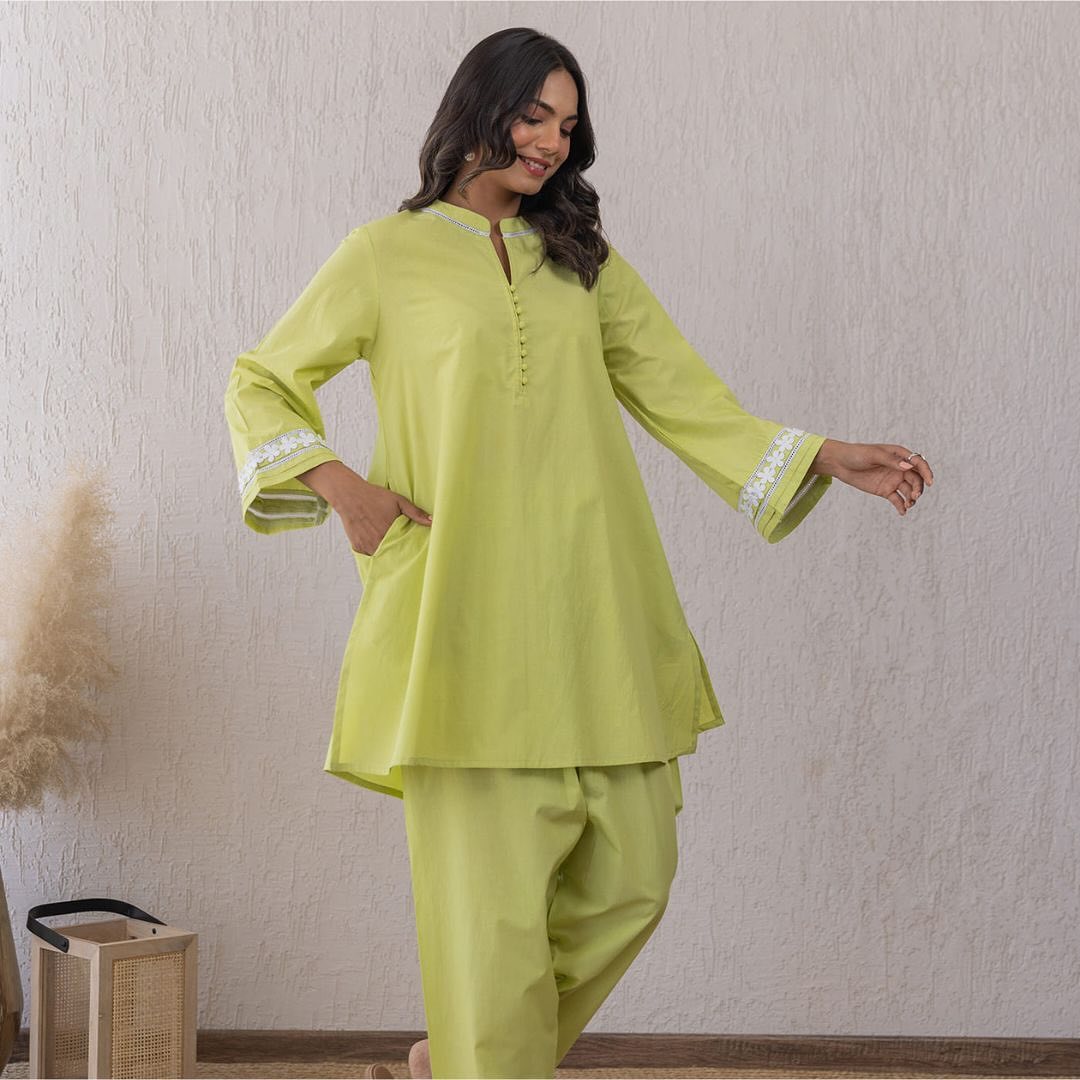 Lime Green Cotton Co-ord Set with Lace Detailing