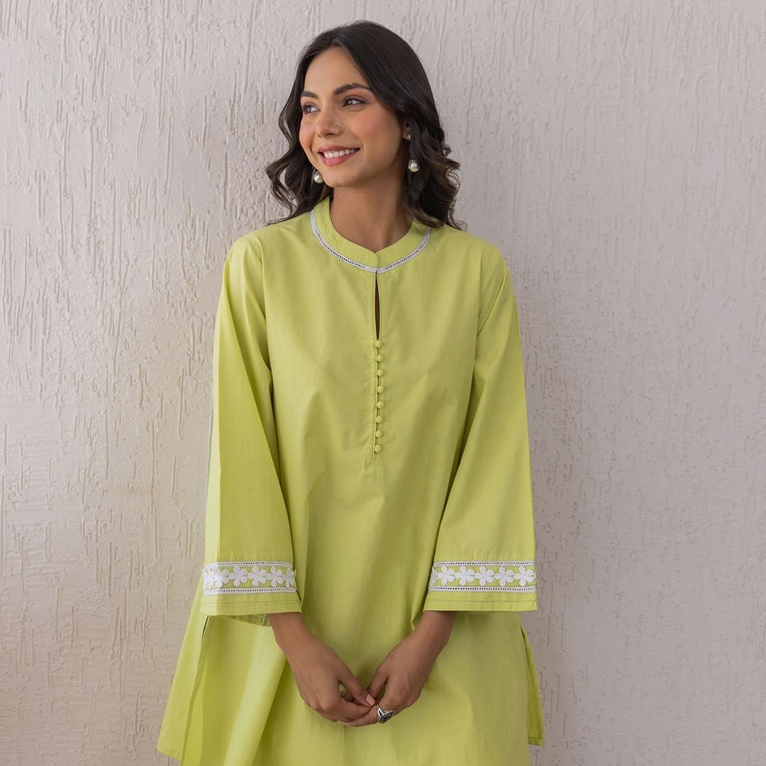 Lime Green Cotton Co-ord Set with Lace Detailing