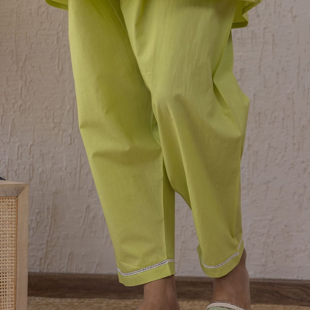 Lime Green Cotton Co-ord Set with Lace Detailing