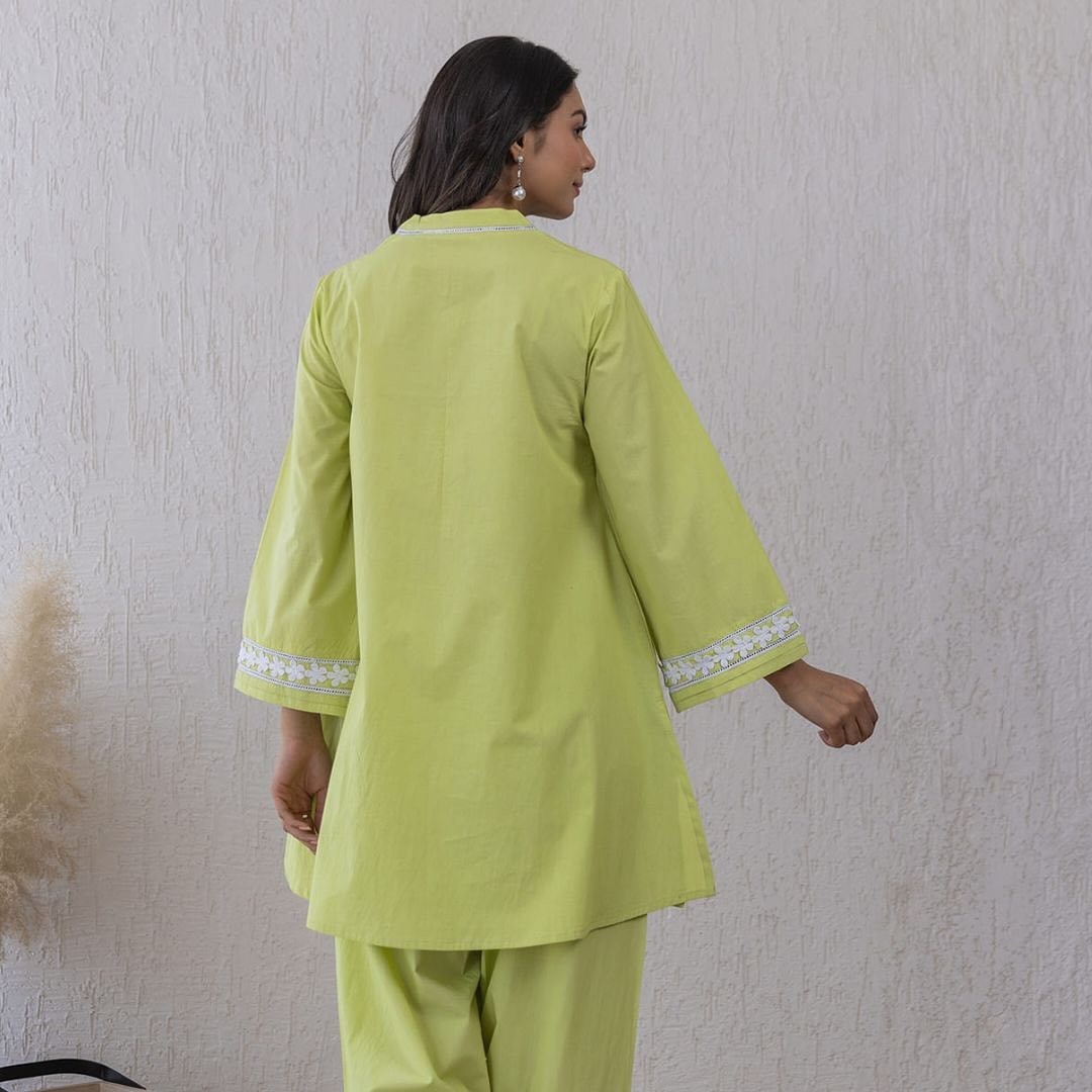 Lime Green Cotton Co-ord Set with Lace Detailing