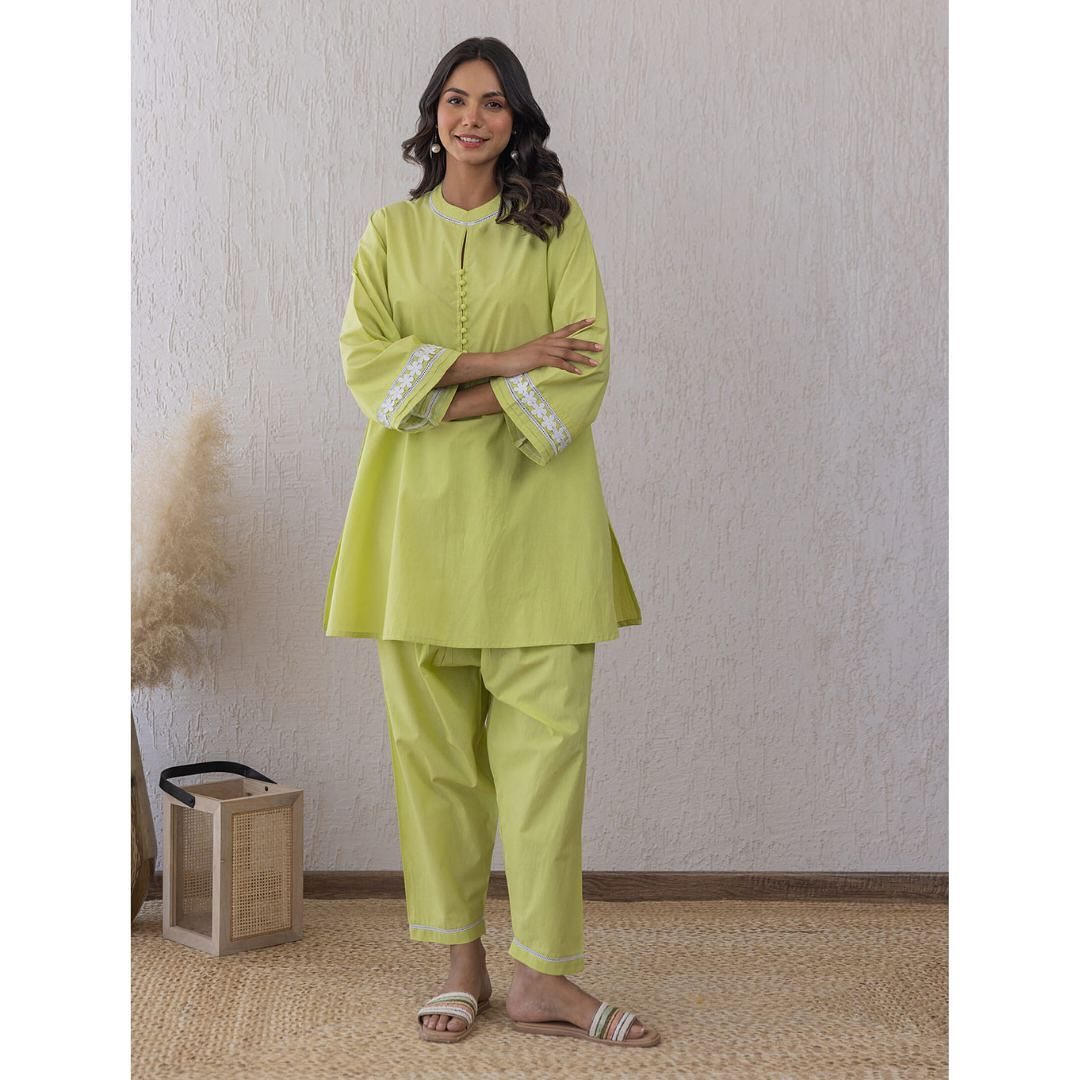 Lime Green Cotton Co-ord Set with Lace Detailing