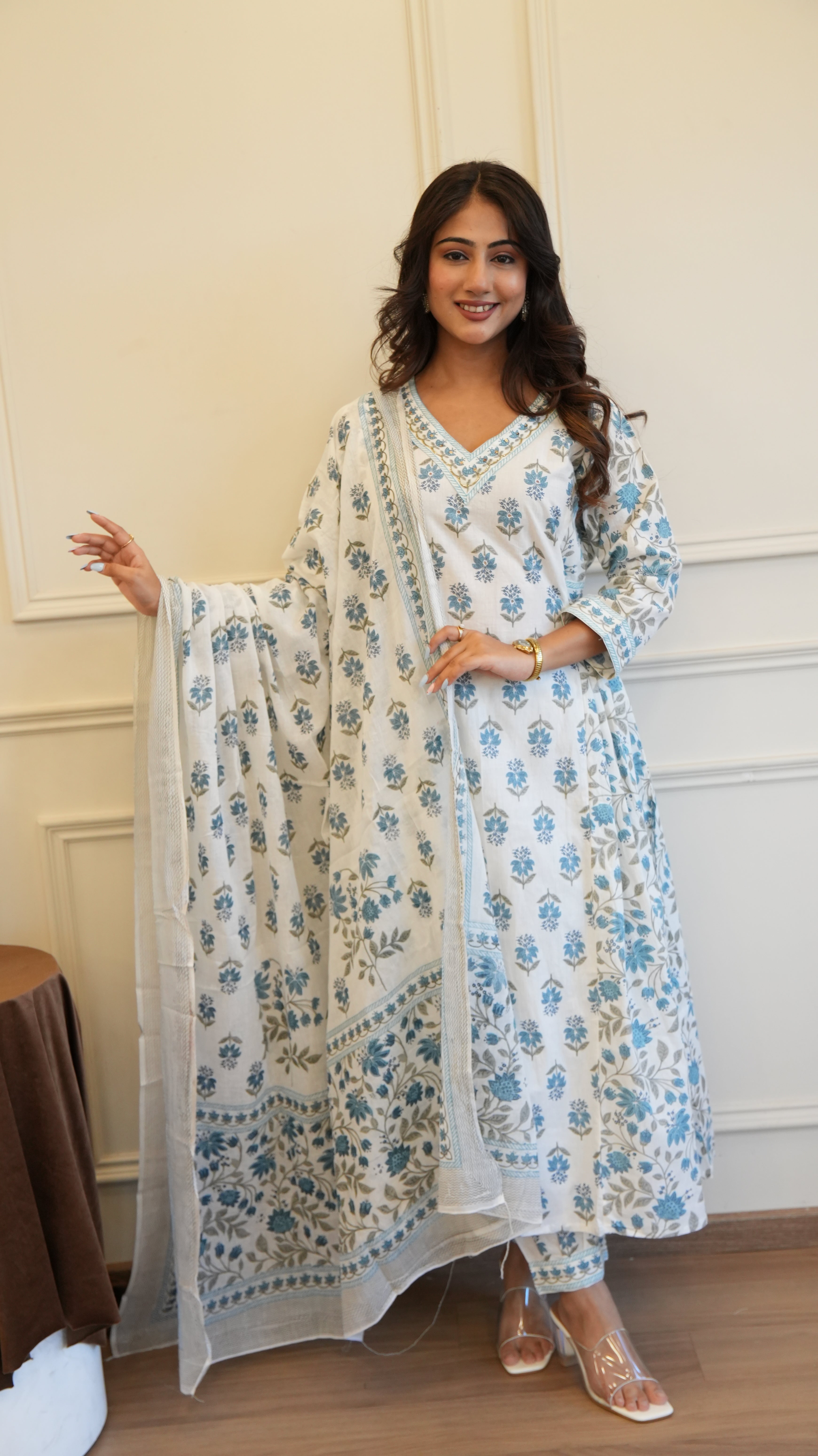 Grey White Cotton Afghani Kurti With Pant & Dupatta Set