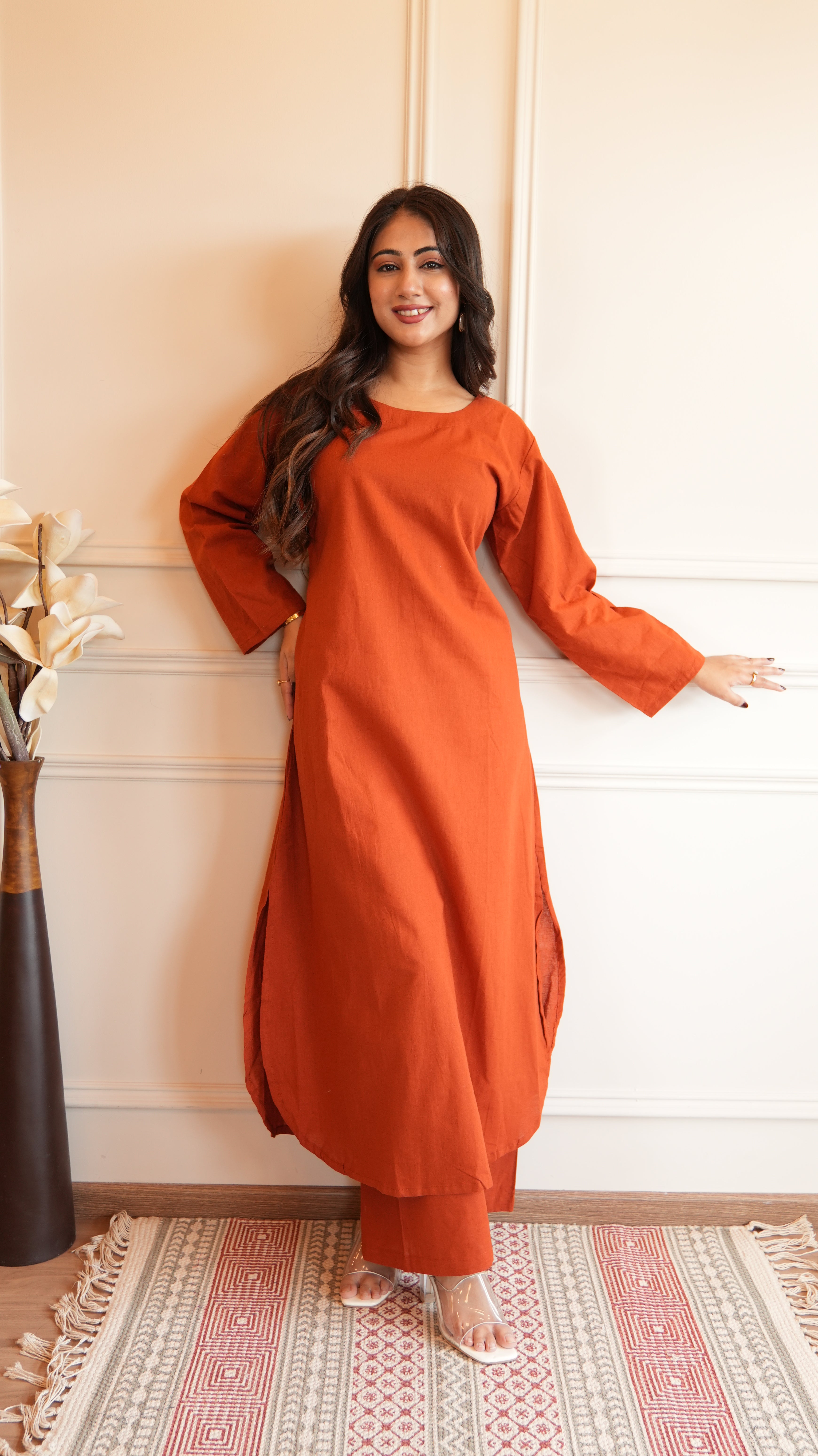 Women's Cotton Kurta pant sets - Rust