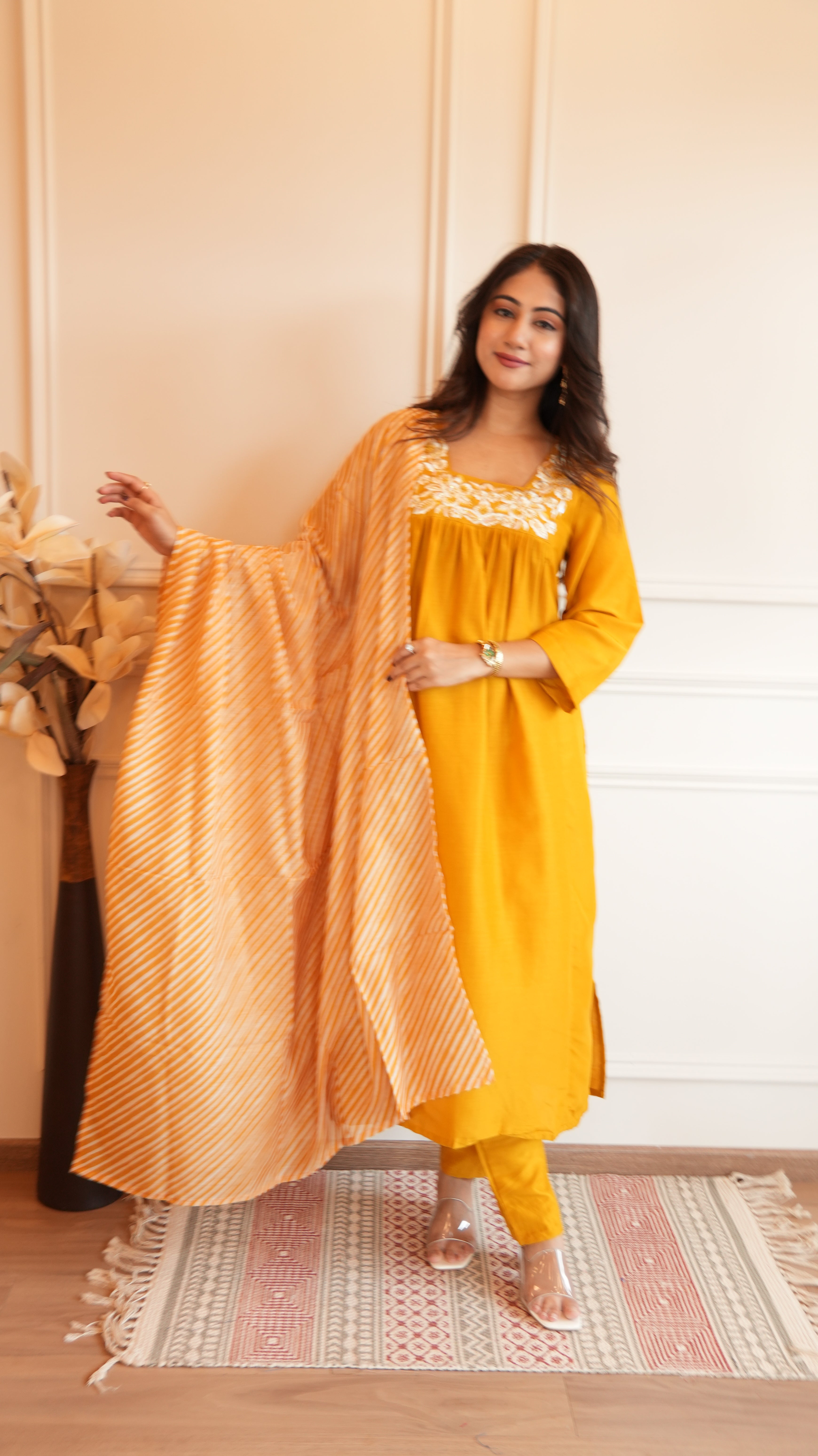 YELLOW CHINON LEHERIYA DUPATTA SUIT SET