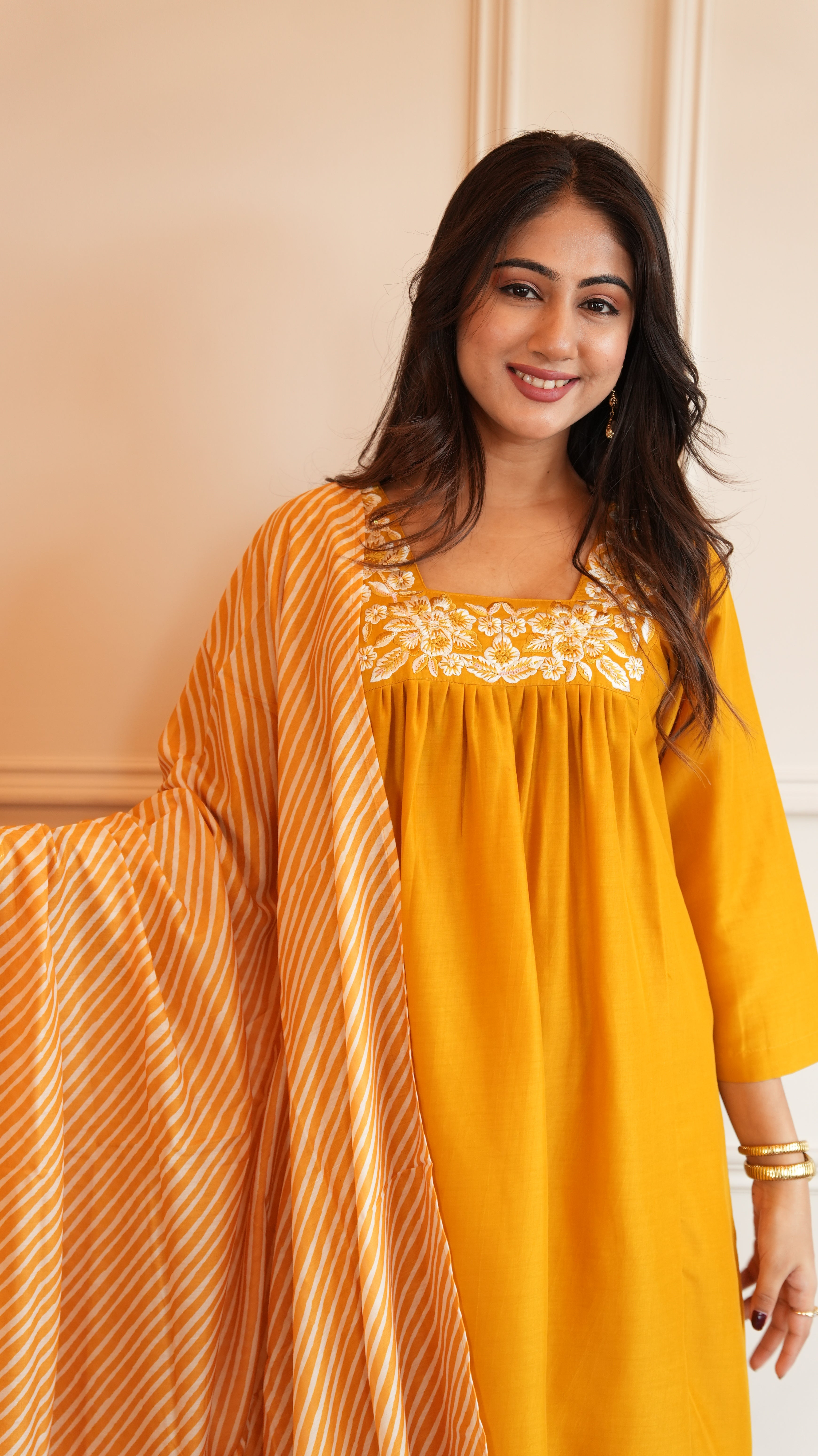 YELLOW CHINON LEHERIYA DUPATTA SUIT SET