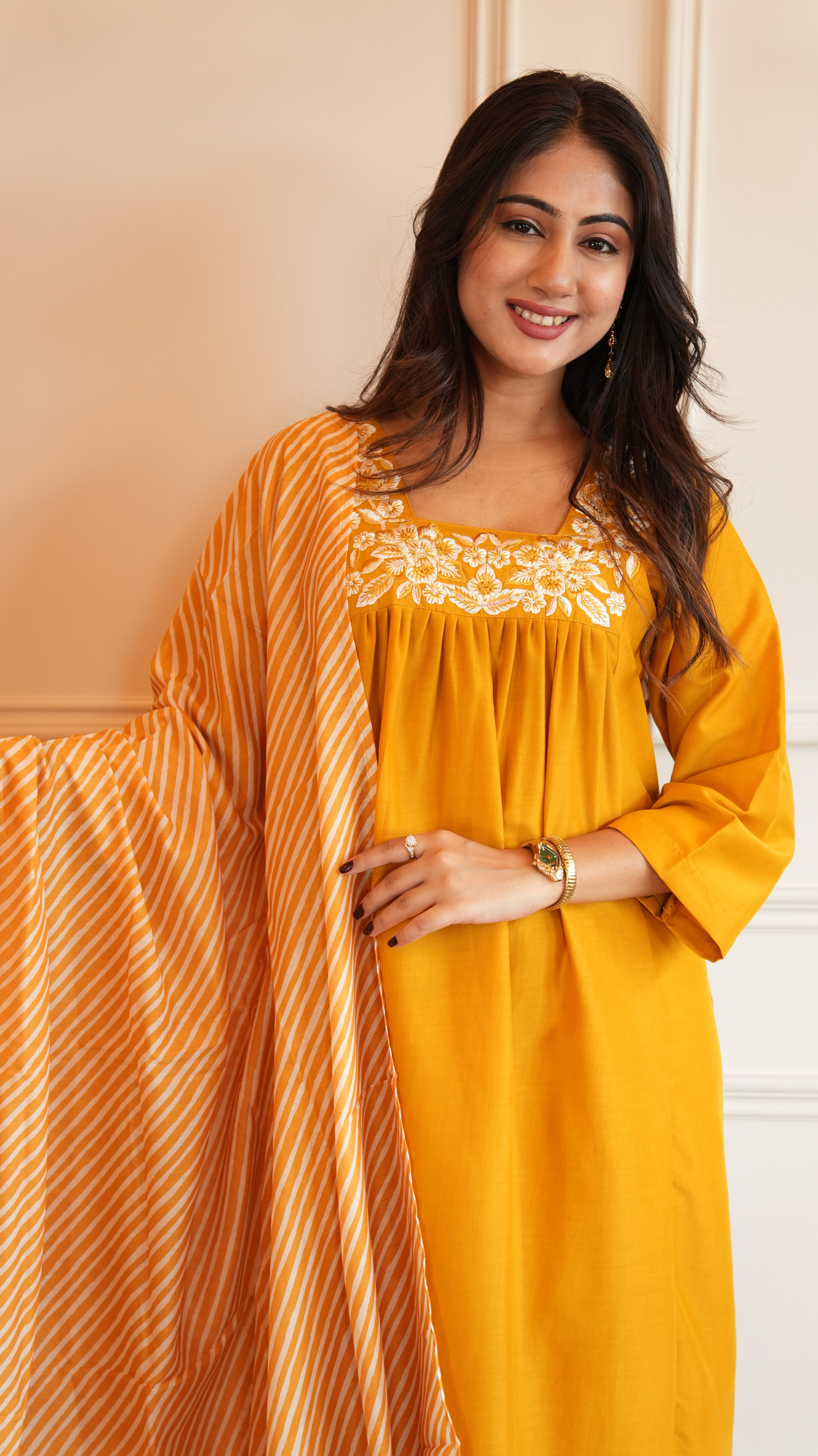 YELLOW CHINON LEHERIYA DUPATTA SUIT SET