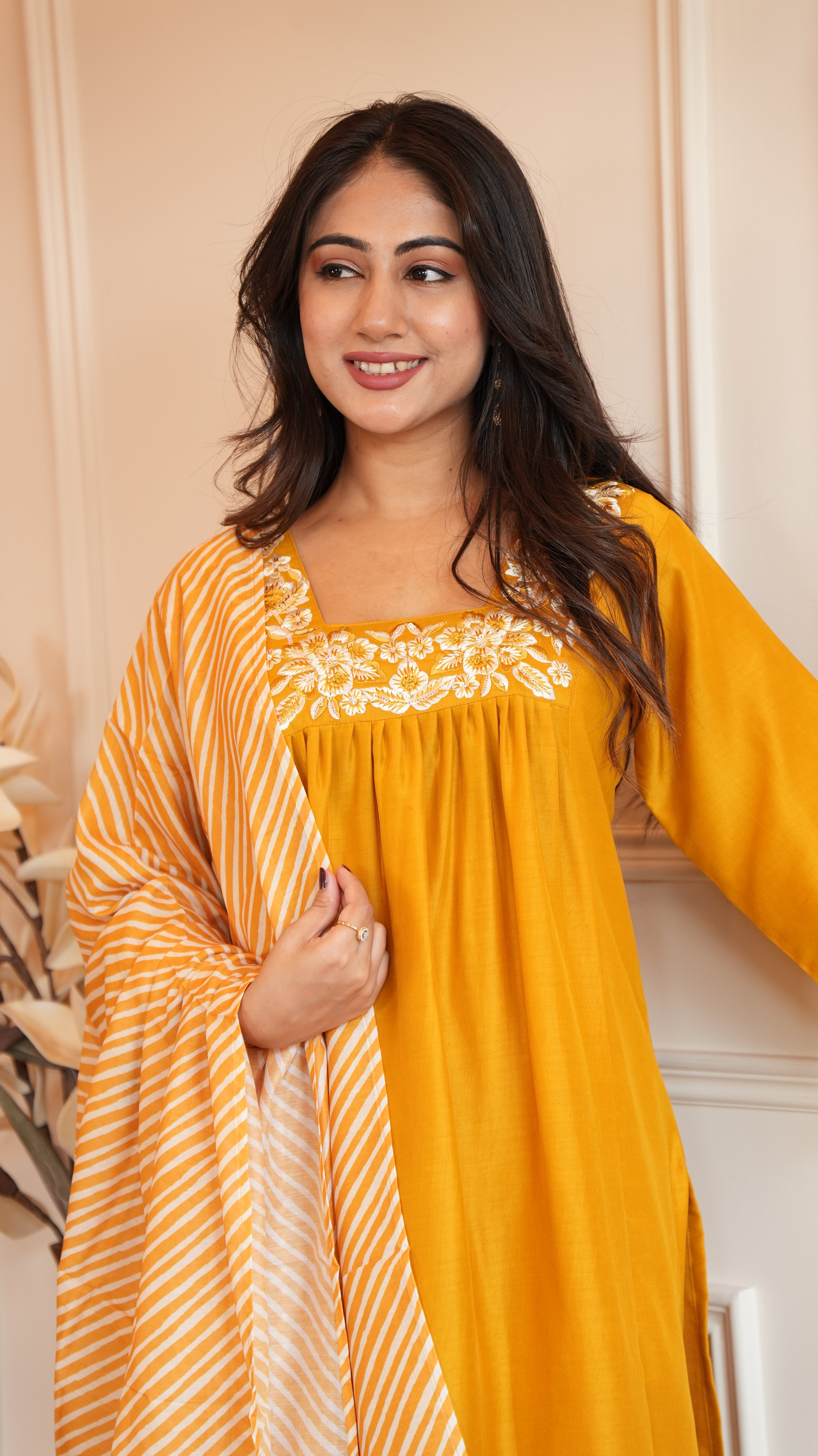 YELLOW CHINON LEHERIYA DUPATTA SUIT SET