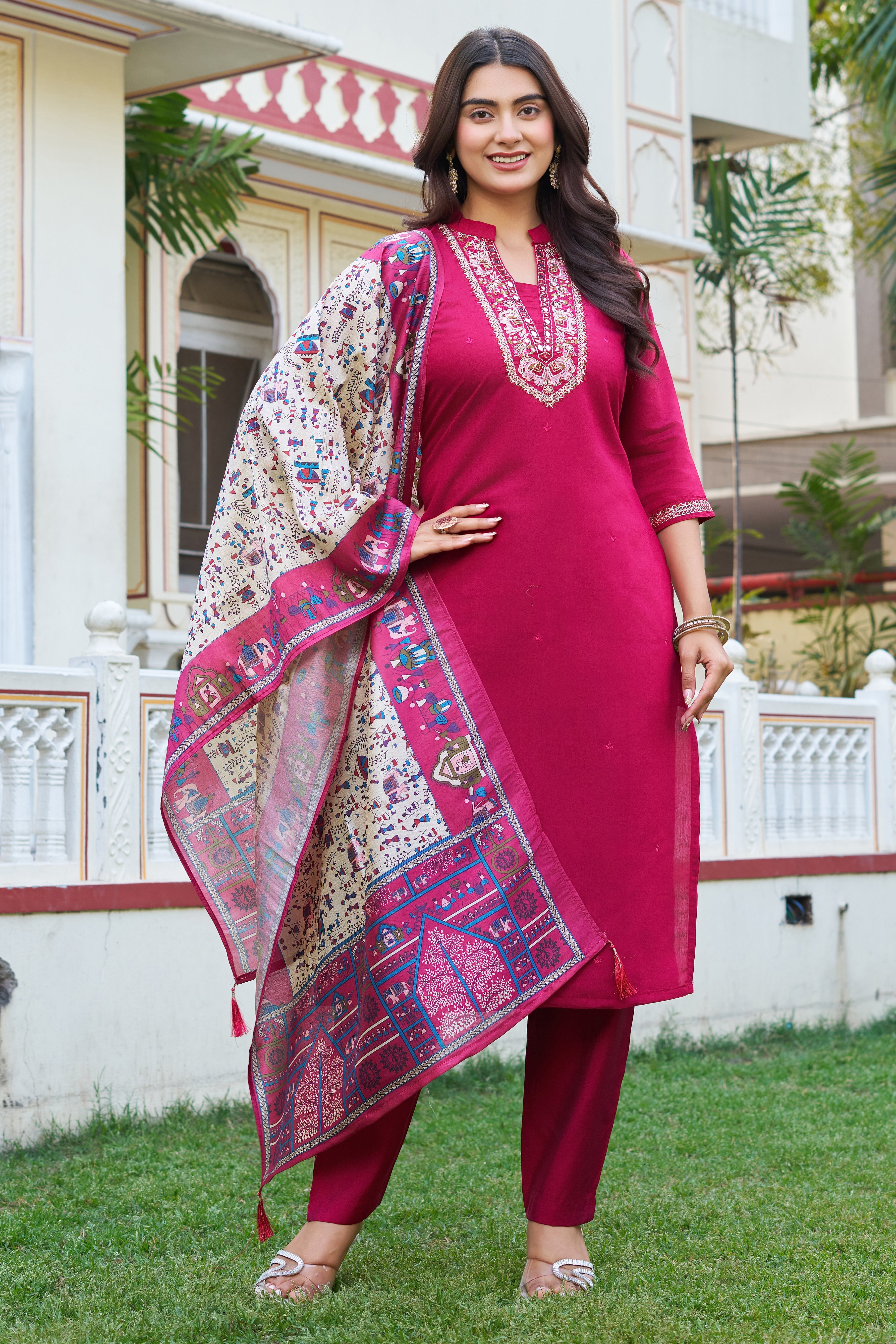 Elegant Rani Pink Embroidered Kurta Pant Set with Printed Dupatta