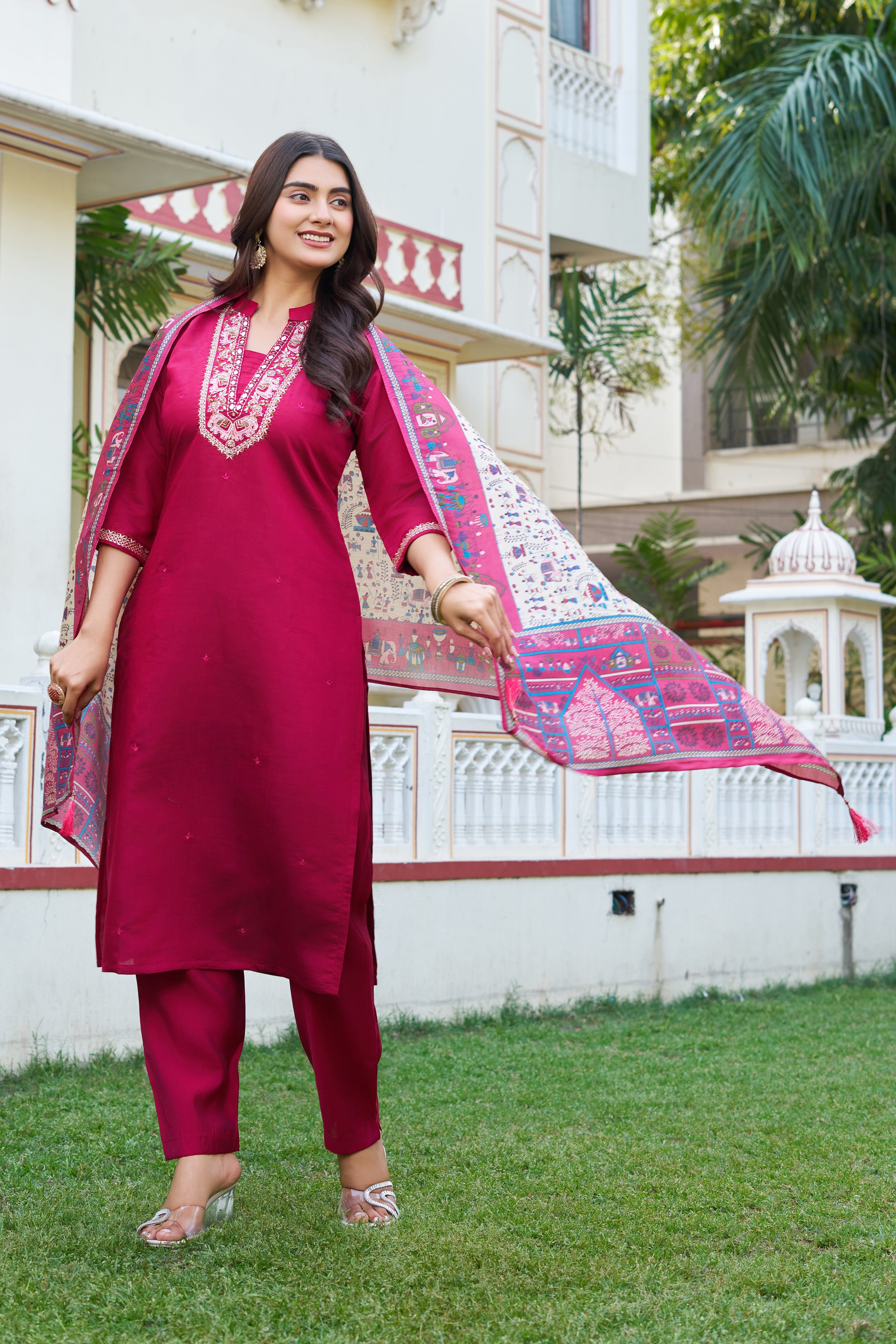 Elegant Rani Pink Embroidered Kurta Pant Set with Printed Dupatta