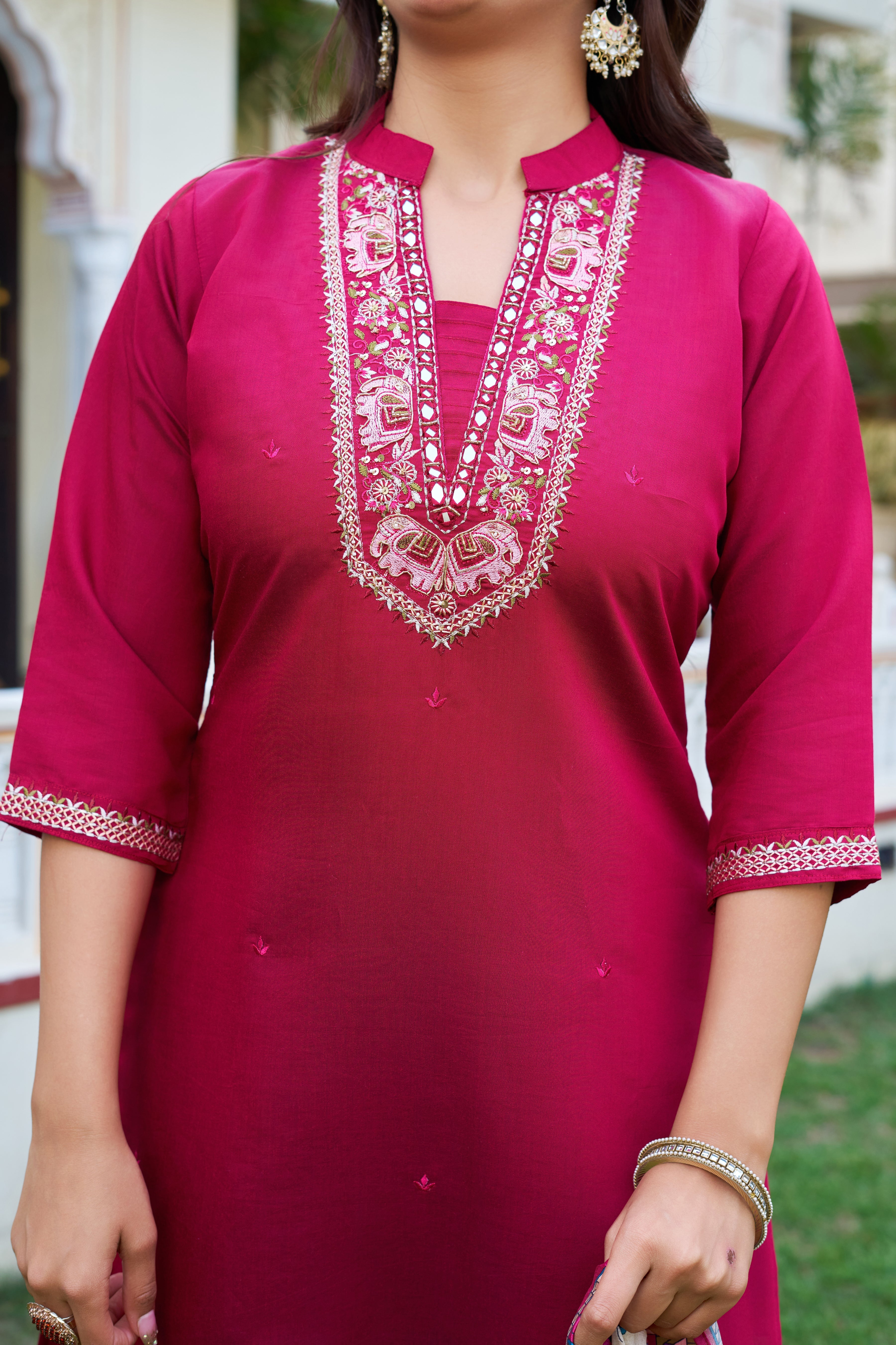 Elegant Rani Pink Embroidered Kurta Pant Set with Printed Dupatta