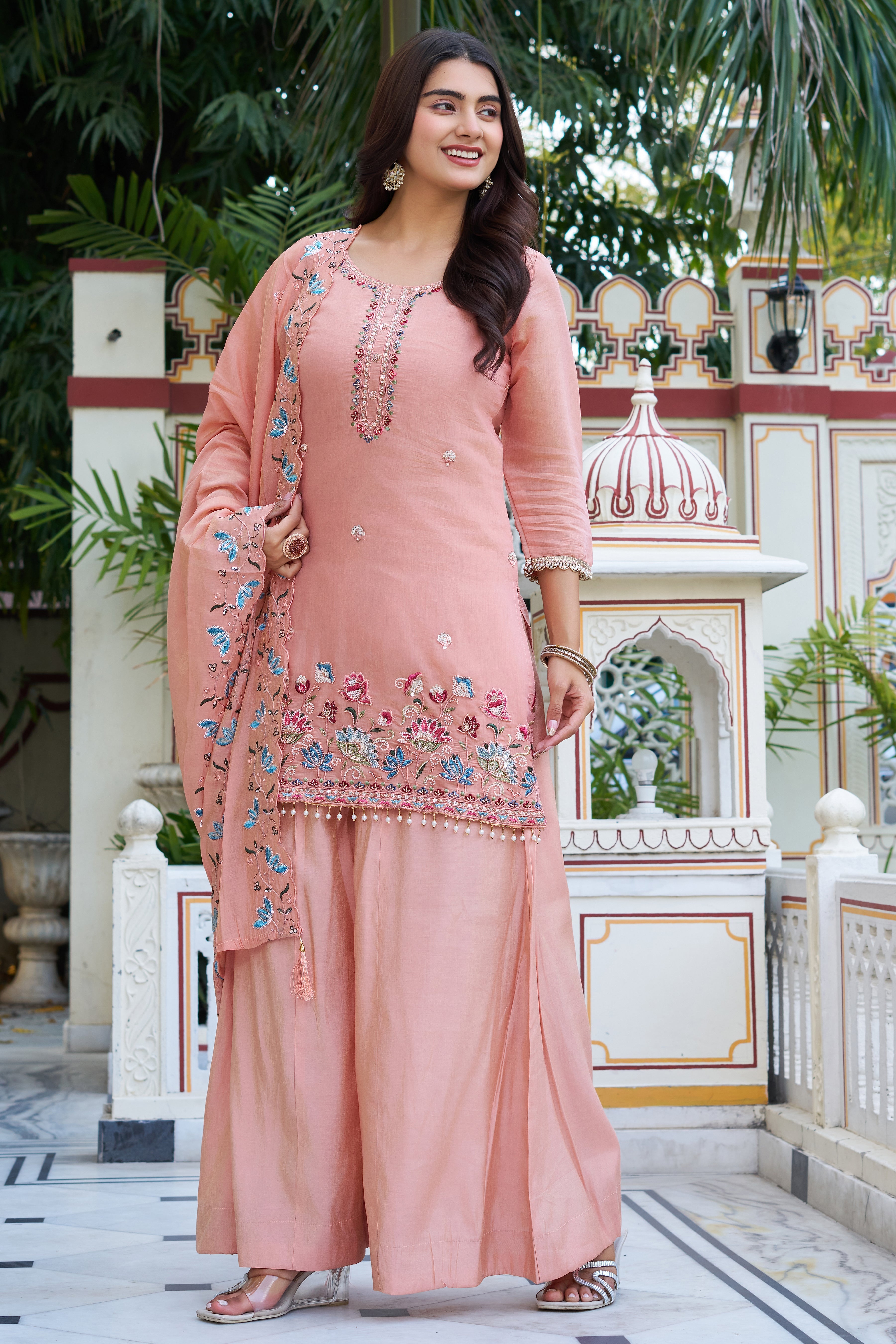 Elegant Pastel Embroidered Kurta Palazzo Set with Dupatta – Ethnic Party Wear Suit