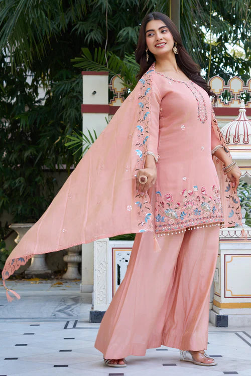 Elegant Pastel Embroidered Kurta Palazzo Set with Dupatta – Ethnic Party Wear Suit