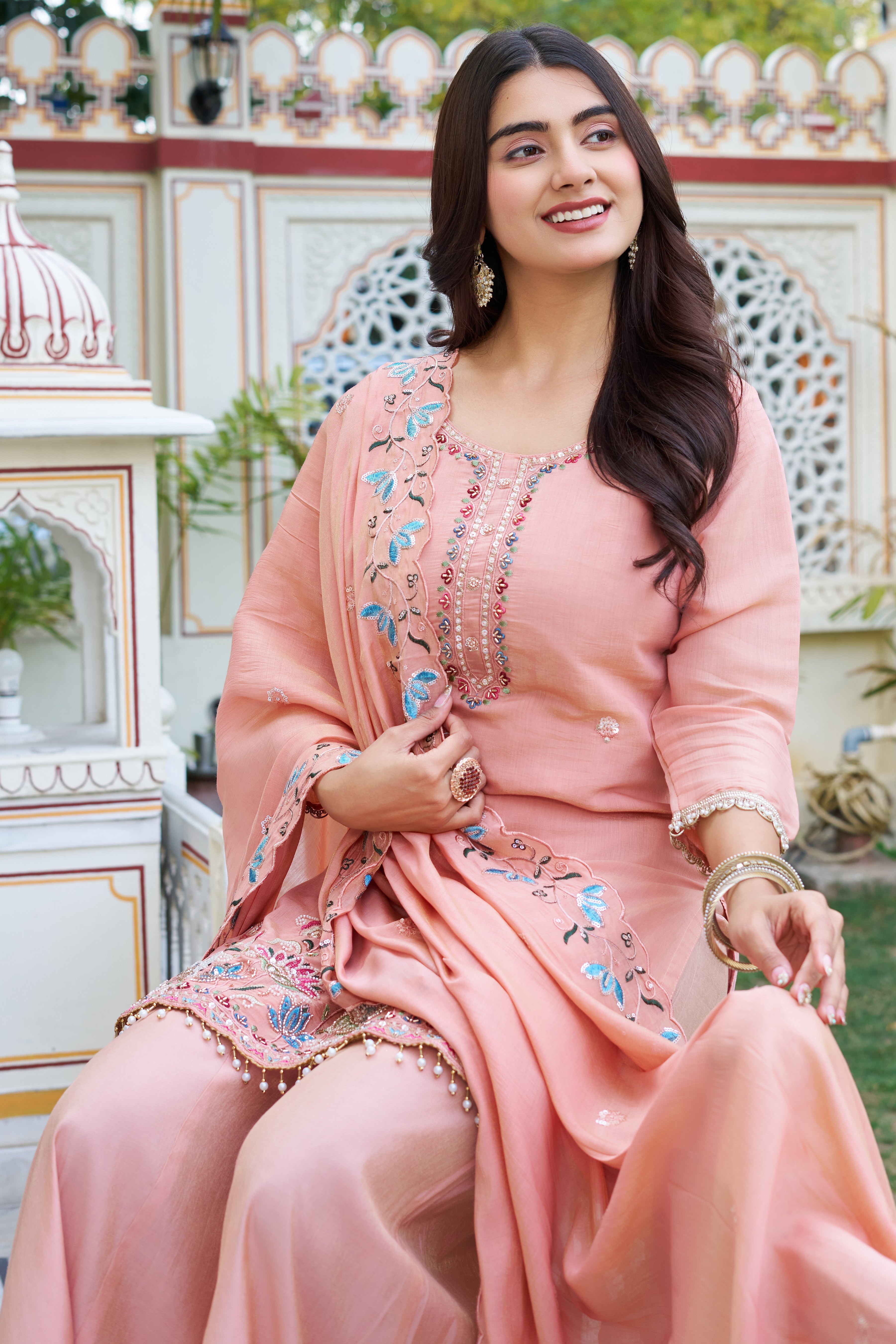 Elegant Pastel Embroidered Kurta Palazzo Set with Dupatta – Ethnic Party Wear Suit