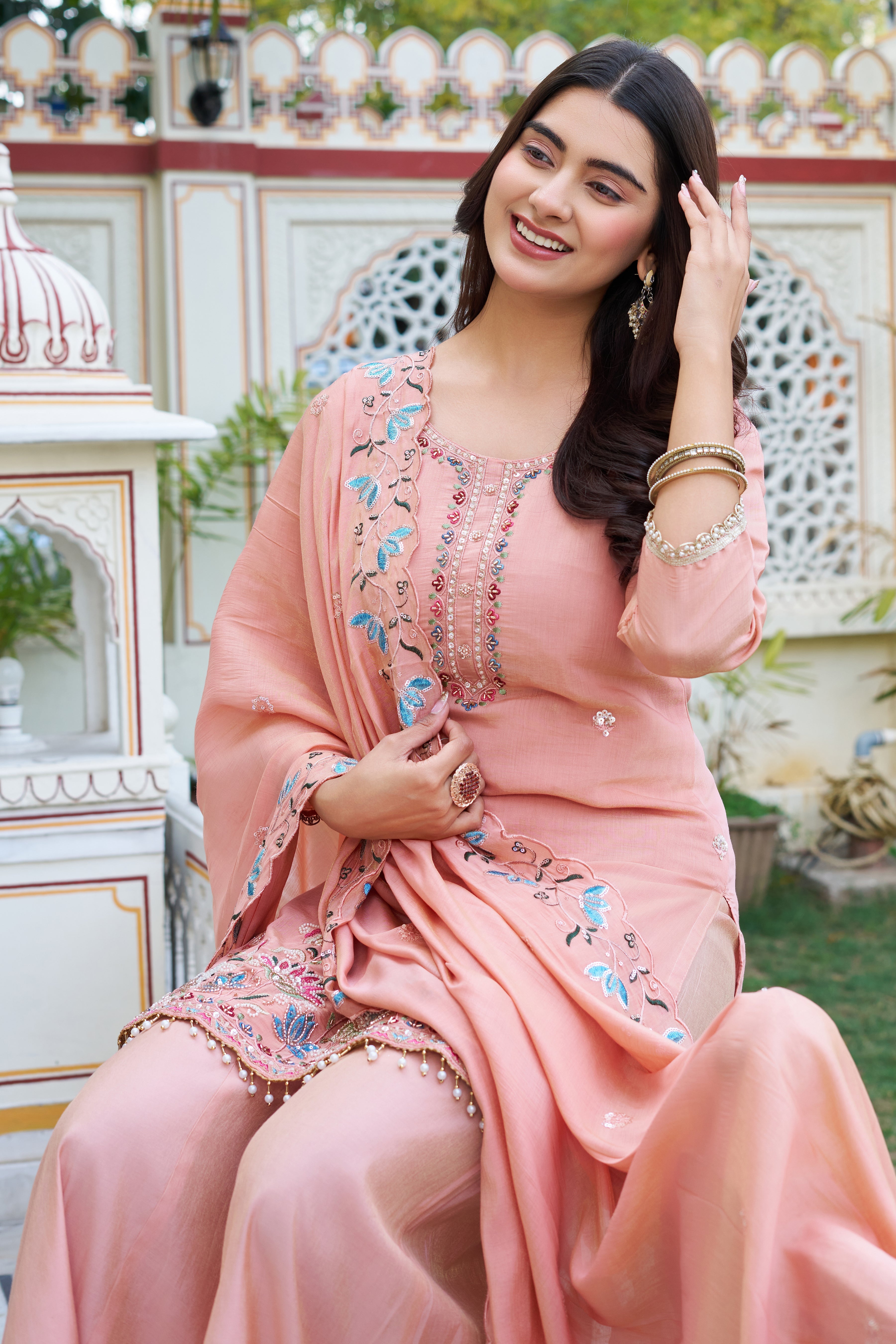 Elegant Pastel Embroidered Kurta Palazzo Set with Dupatta – Ethnic Party Wear Suit
