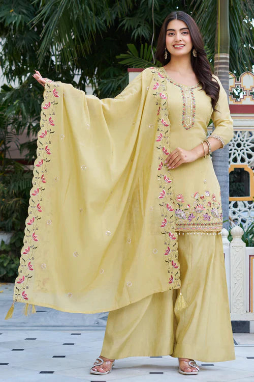 Elegant Pastel Embroidered Kurta Palazzo Set with Dupatta – Ethnic Party Wear Suit