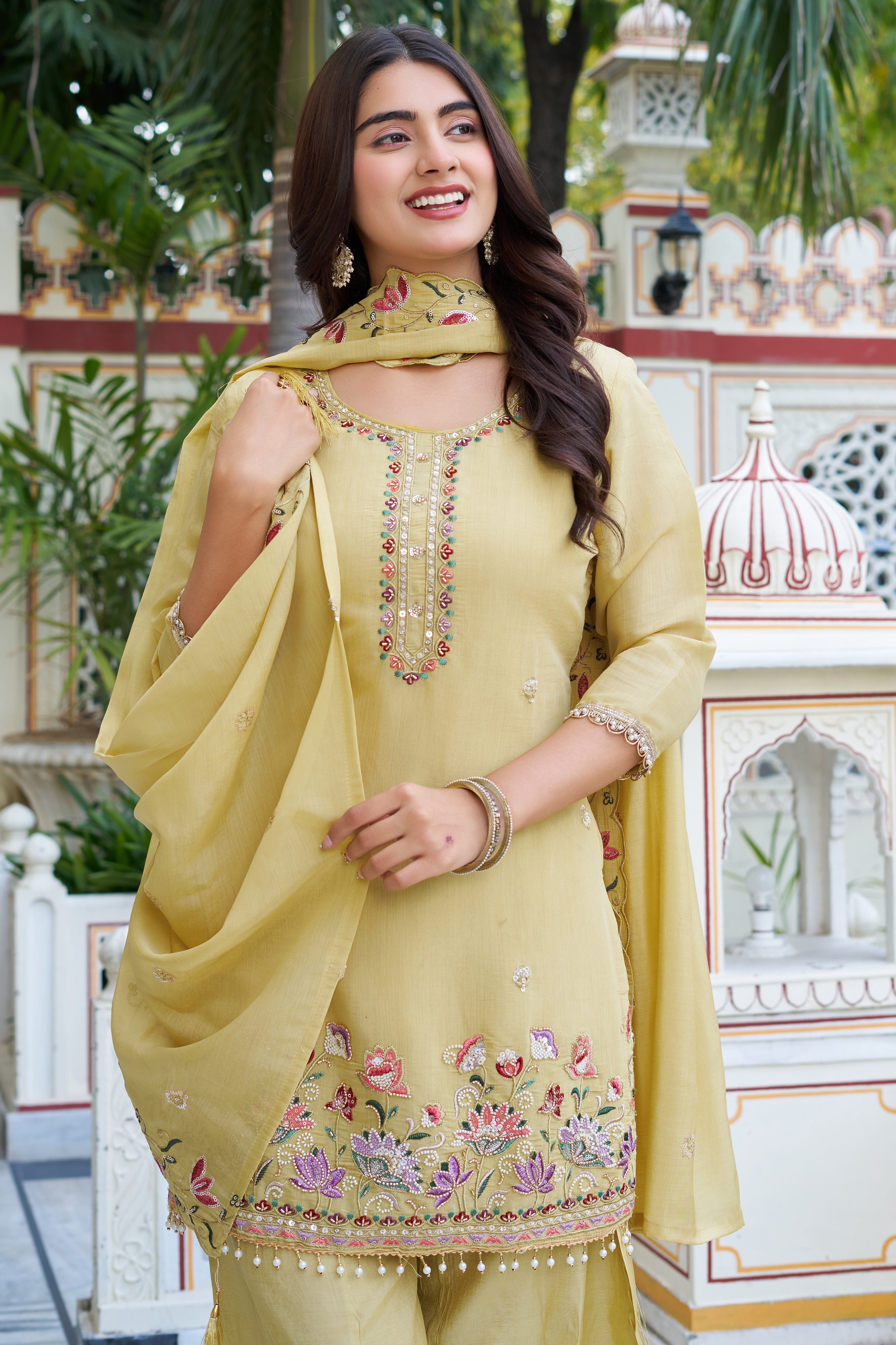Elegant Pastel Embroidered Kurta Palazzo Set with Dupatta – Ethnic Party Wear Suit