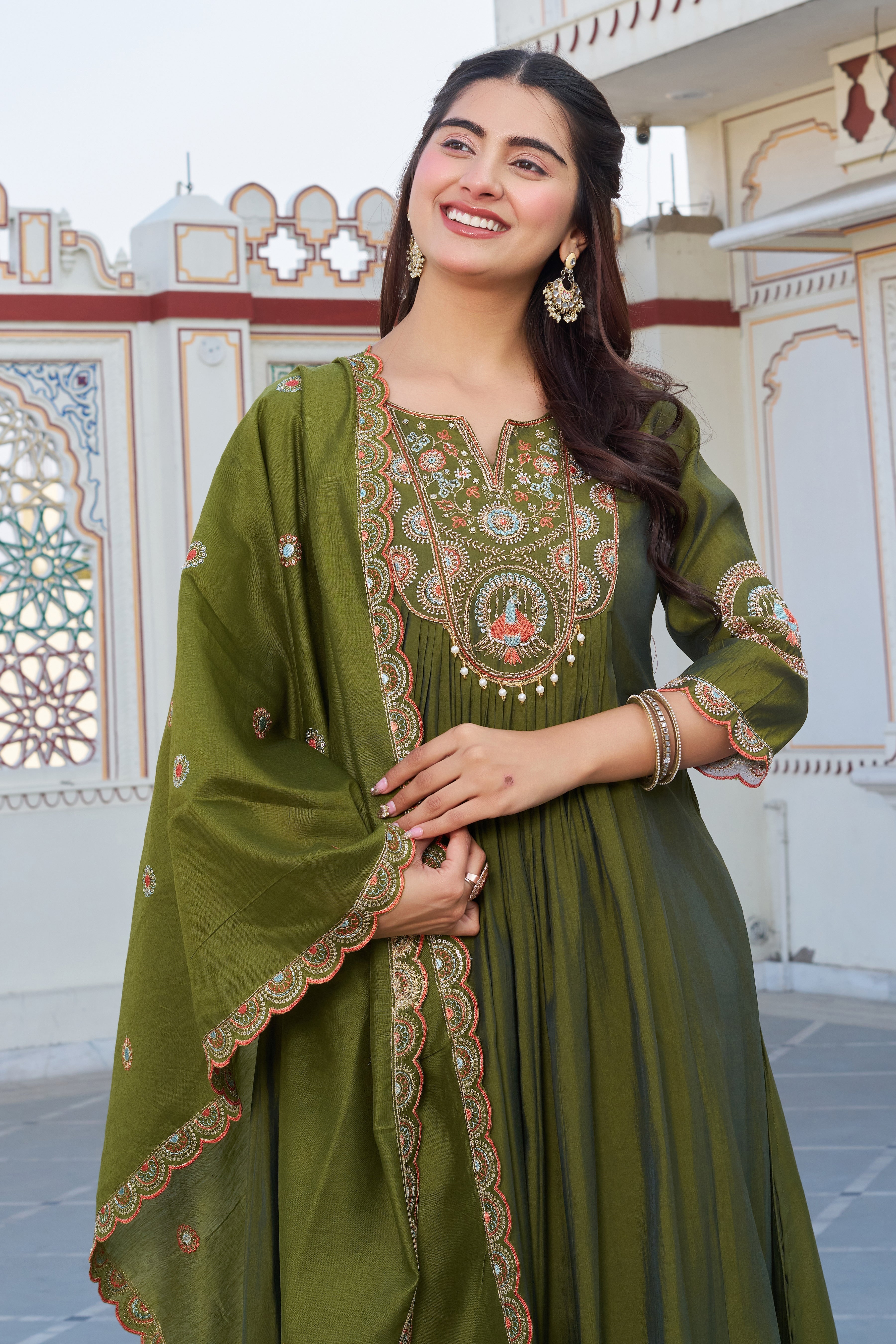 Elegant Olive Green Embroidered Kurta Set with Dupatta for Women