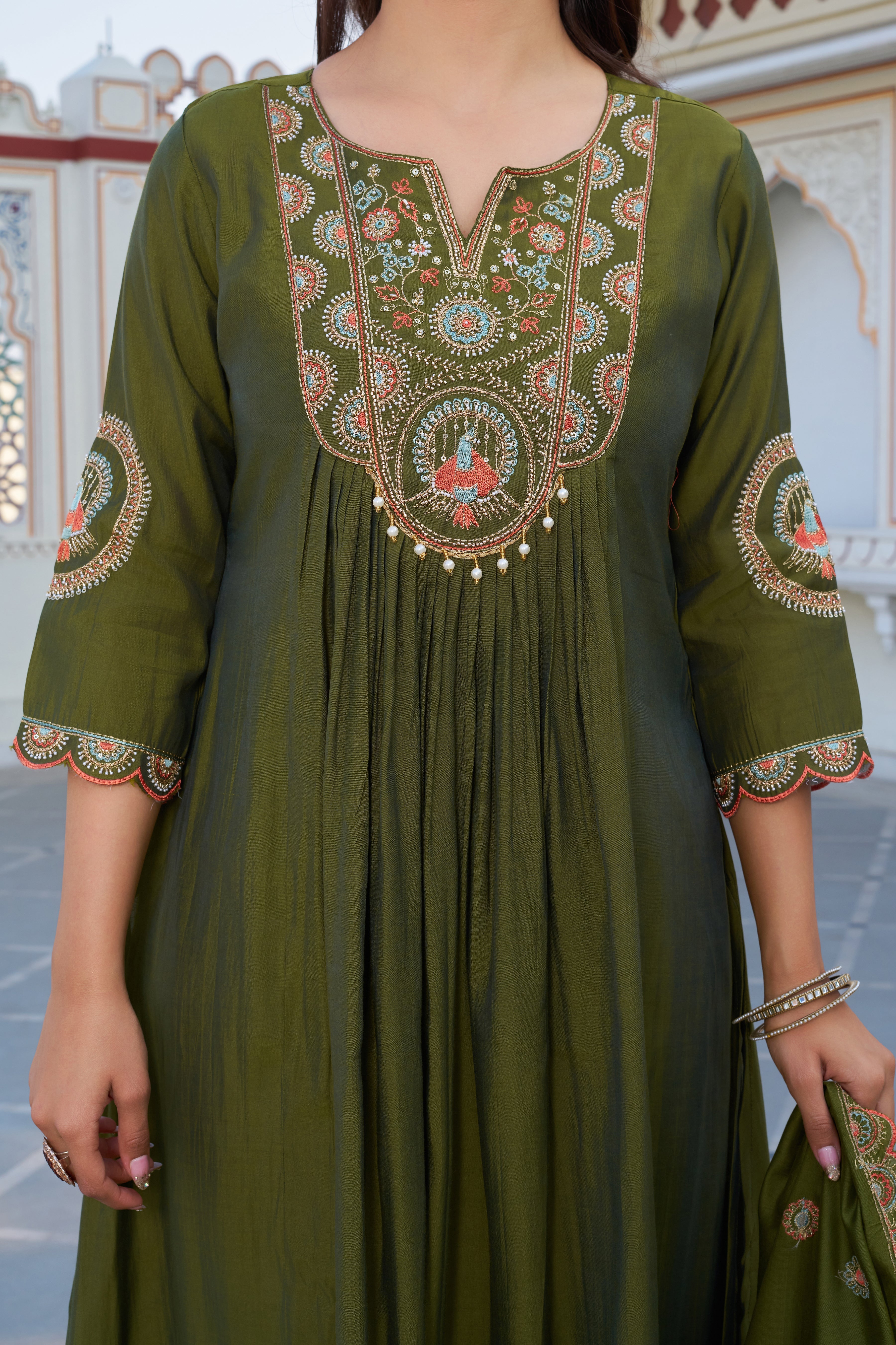 Elegant Olive Green Embroidered Kurta Set with Dupatta for Women