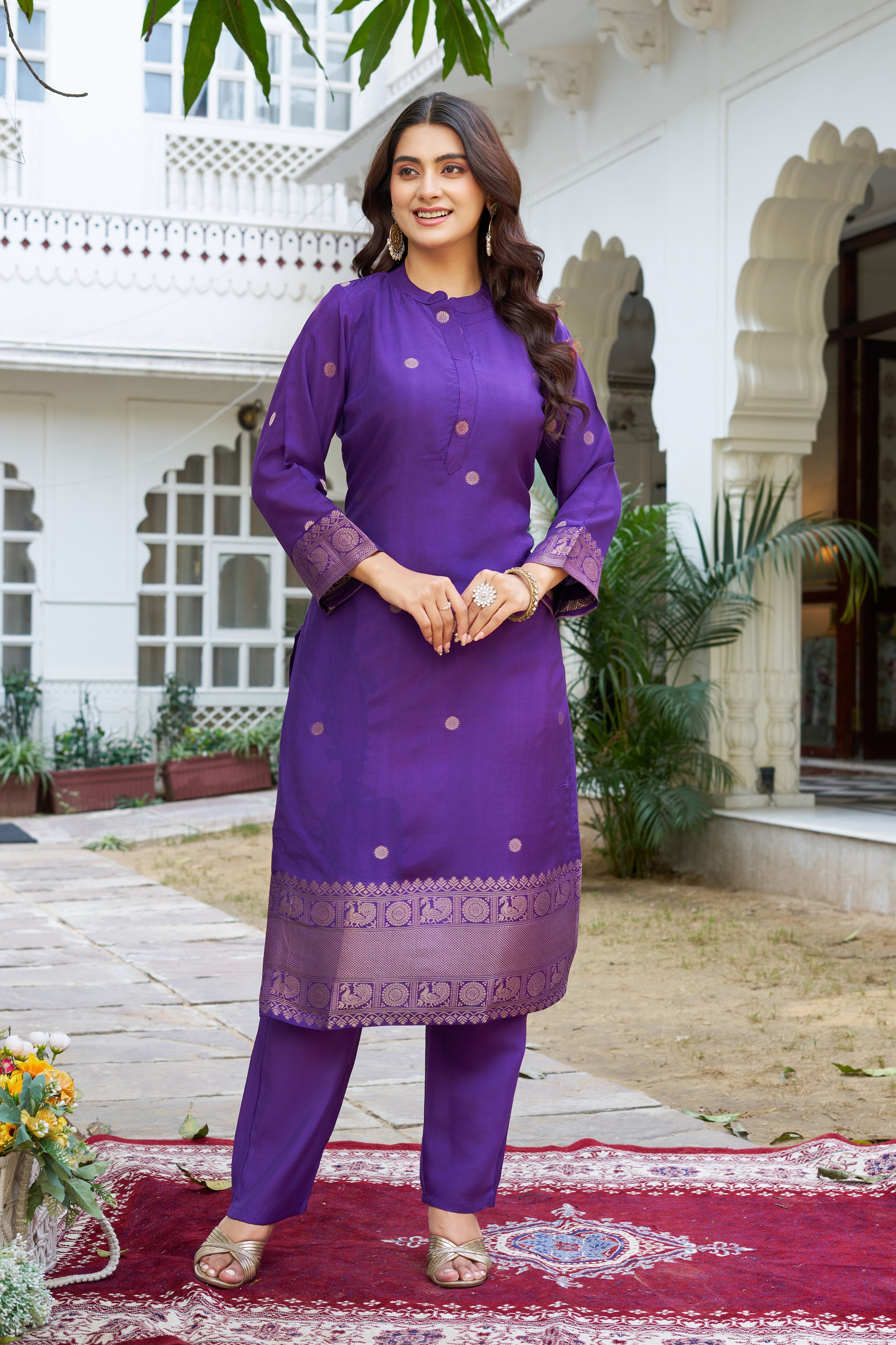 Elegant Purple Kurta Pant Set with Gold Motif Work & Border Dupatta