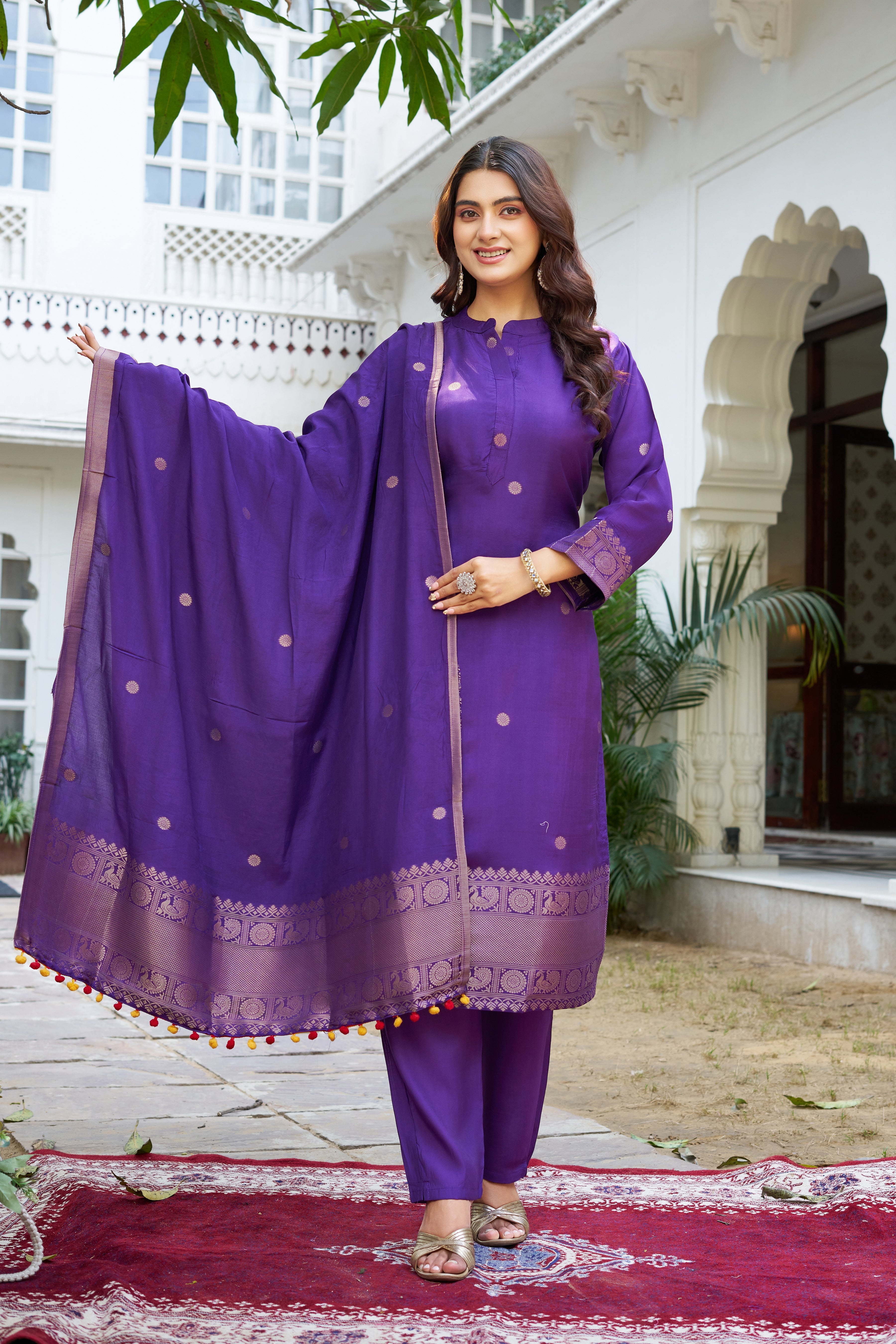 Elegant Purple Kurta Pant Set with Gold Motif Work & Border Dupatta