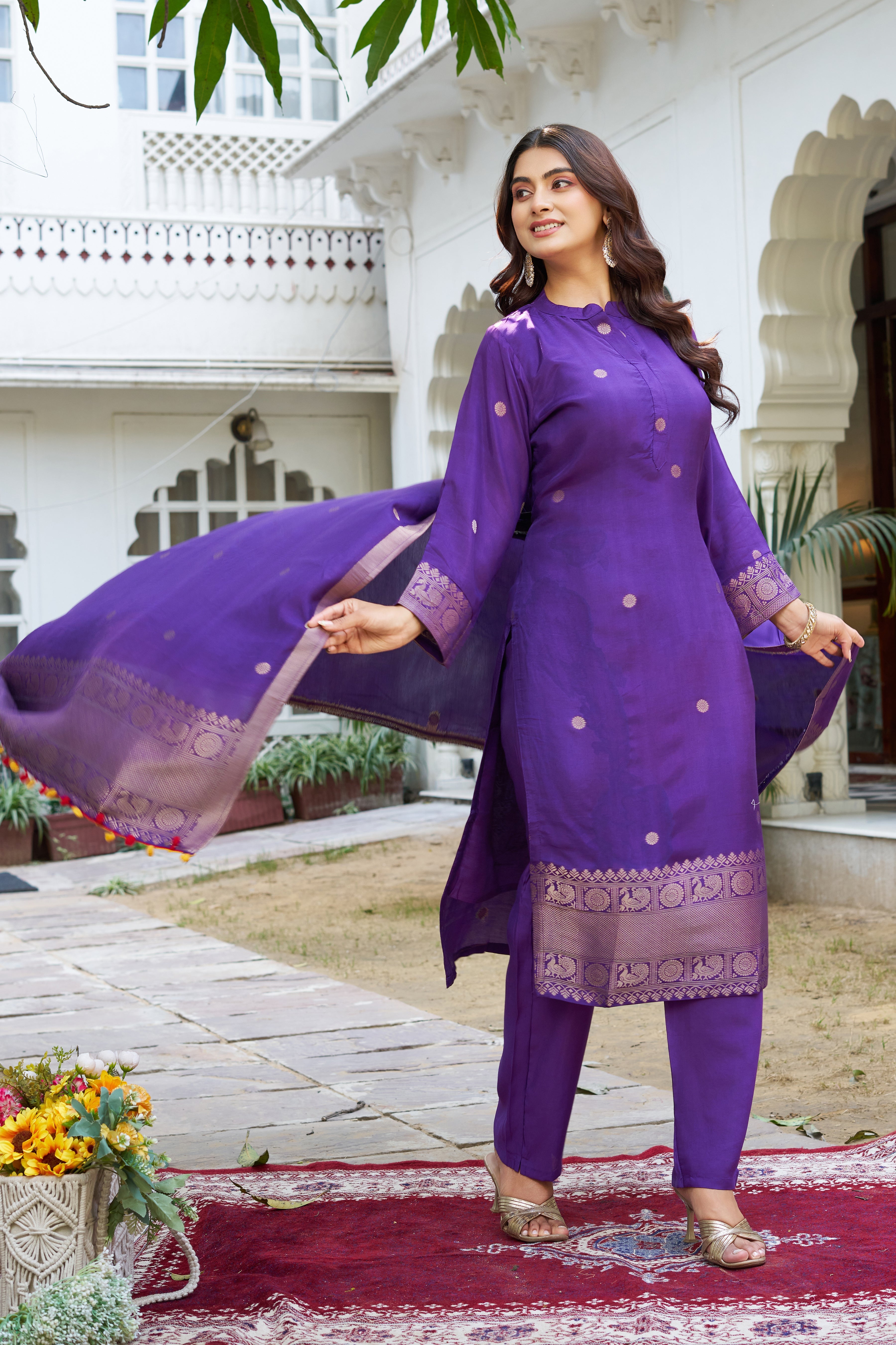 Elegant Purple Kurta Pant Set with Gold Motif Work & Border Dupatta