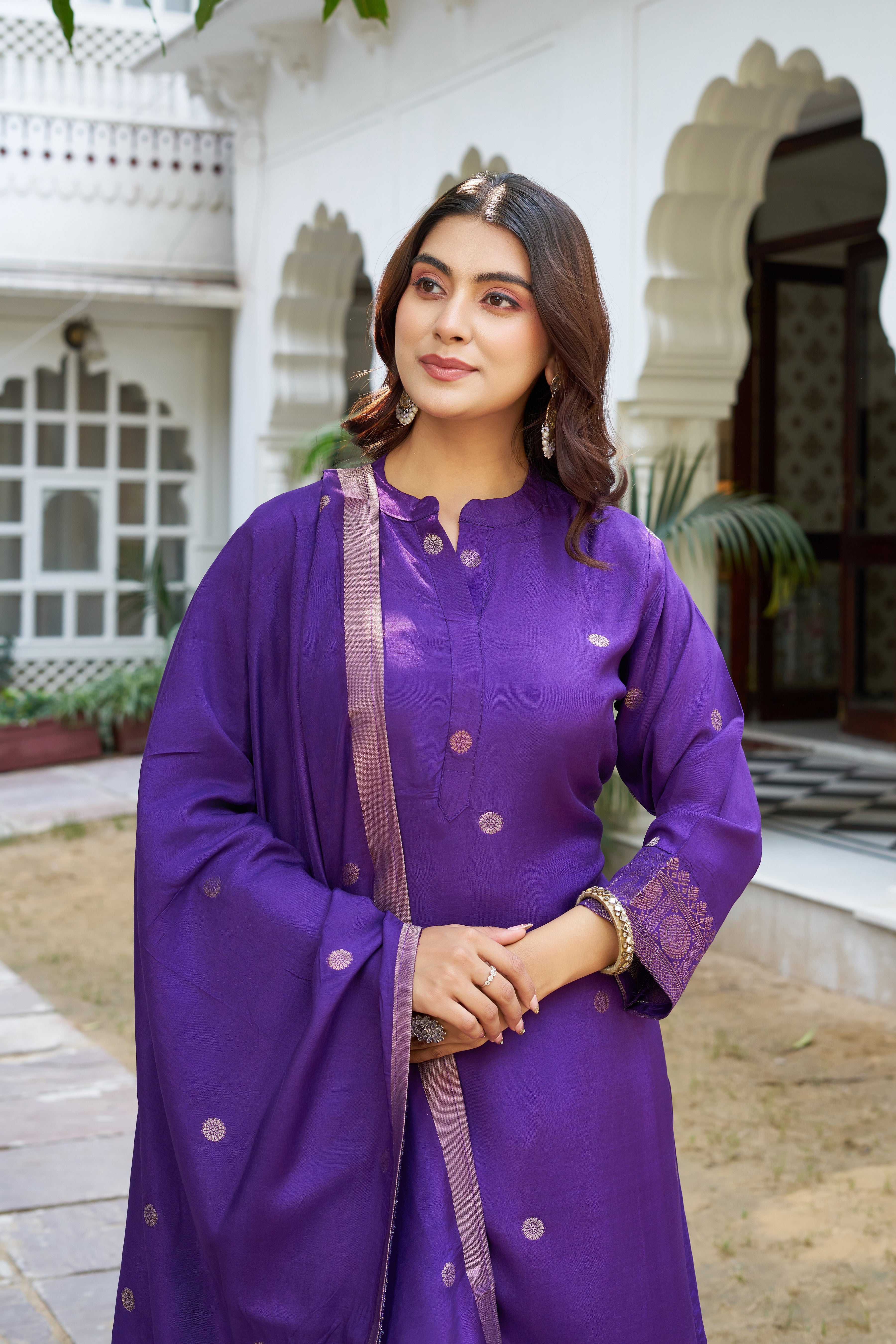 Elegant Purple Kurta Pant Set with Gold Motif Work & Border Dupatta