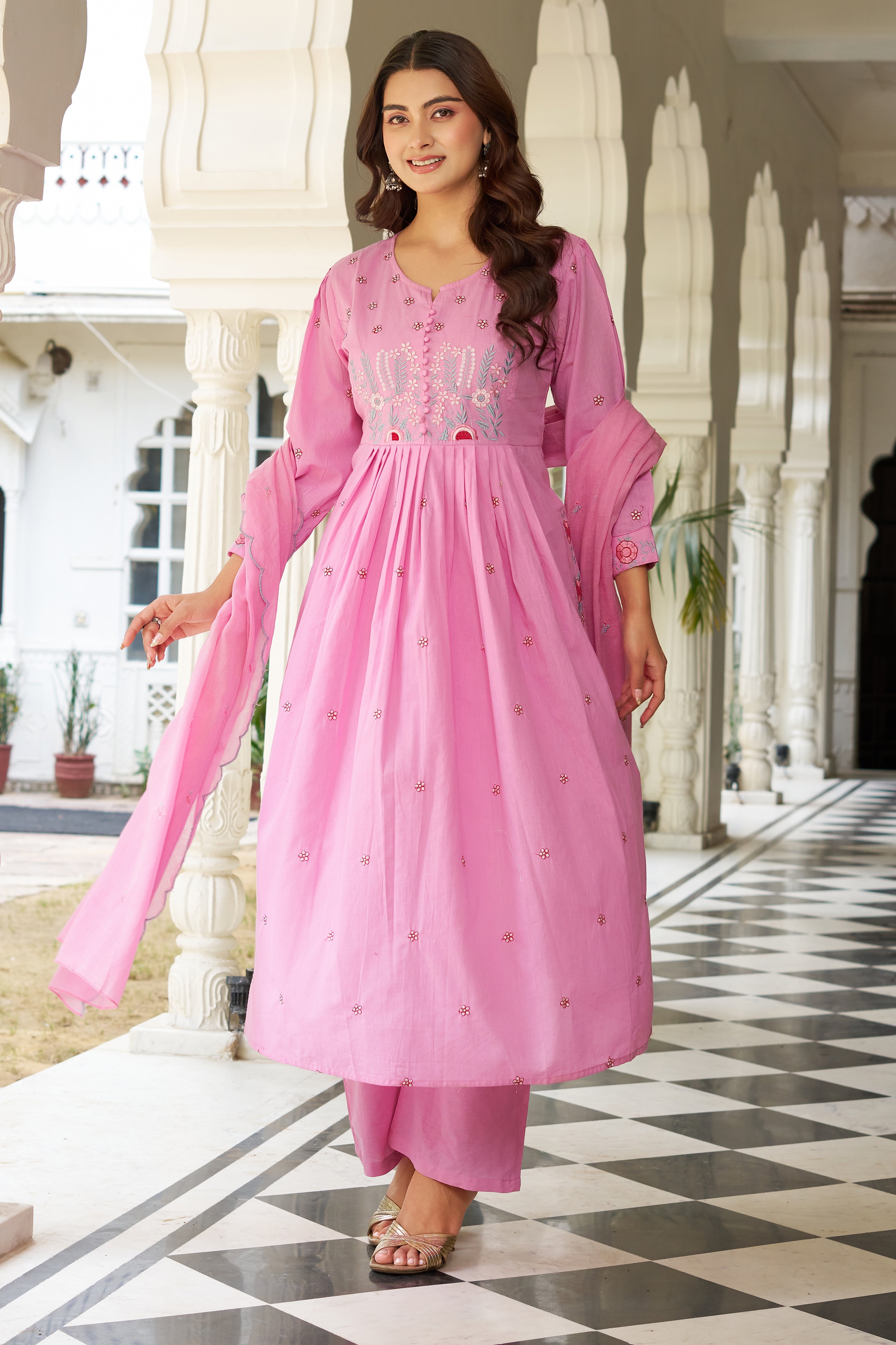 Elegant Embroidered Anarkali Kurta Set with Dupatta – Ivory, Lime Green & Blush Pink